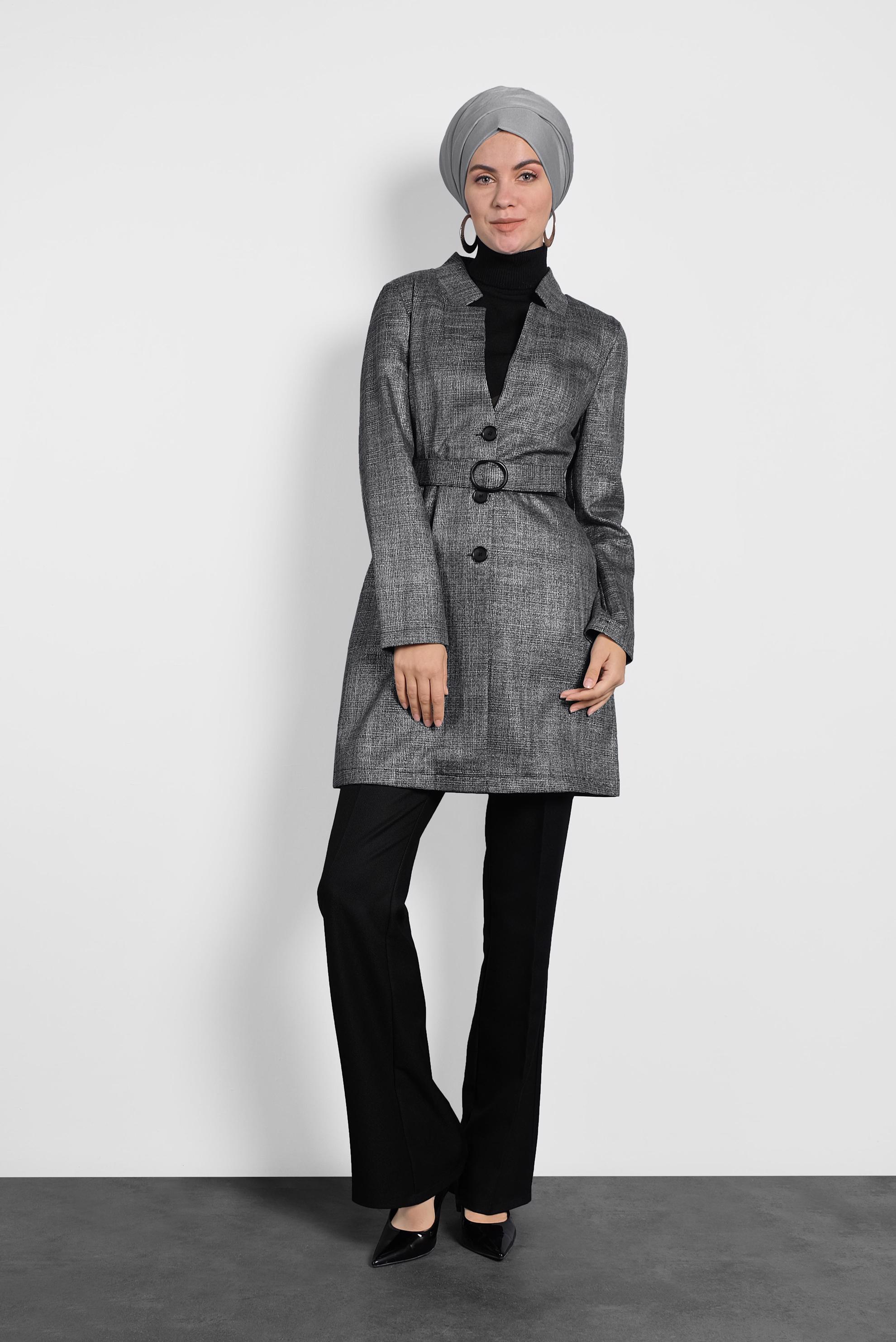 Tesettür giyim SİYAH KEMERLİ EKOSE CEKET 40222 