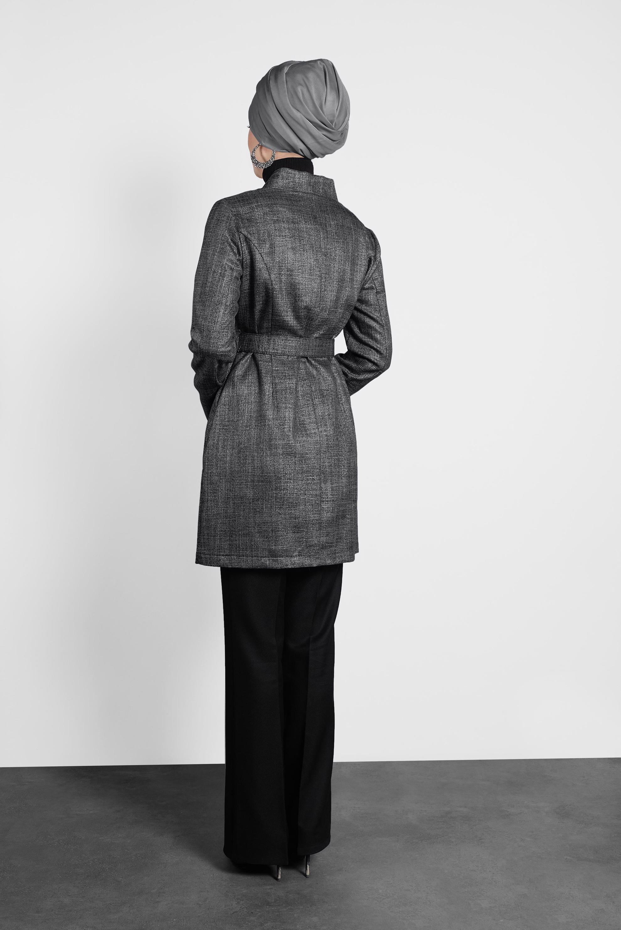 Tesettür giyim SİYAH KEMERLİ EKOSE CEKET 40222 