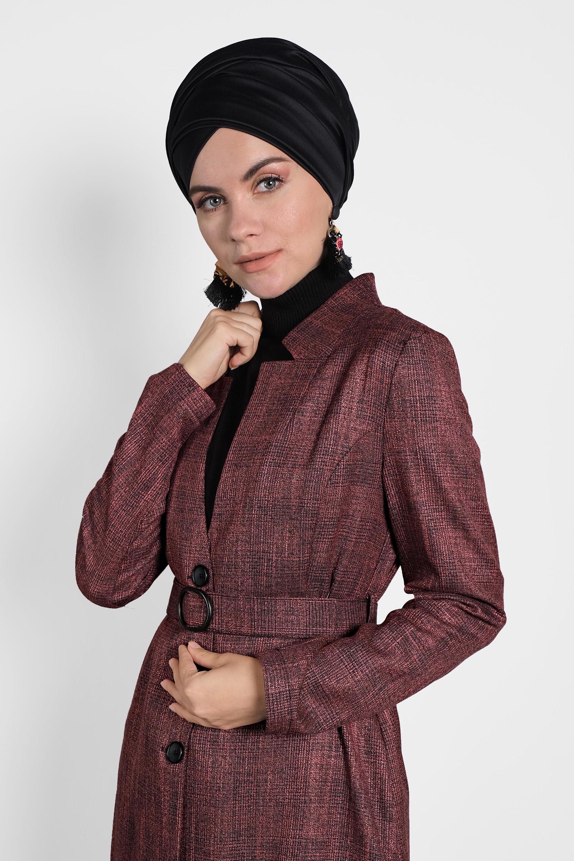 Tesettür giyim SİYAH KEMERLİ EKOSE CEKET 40222 