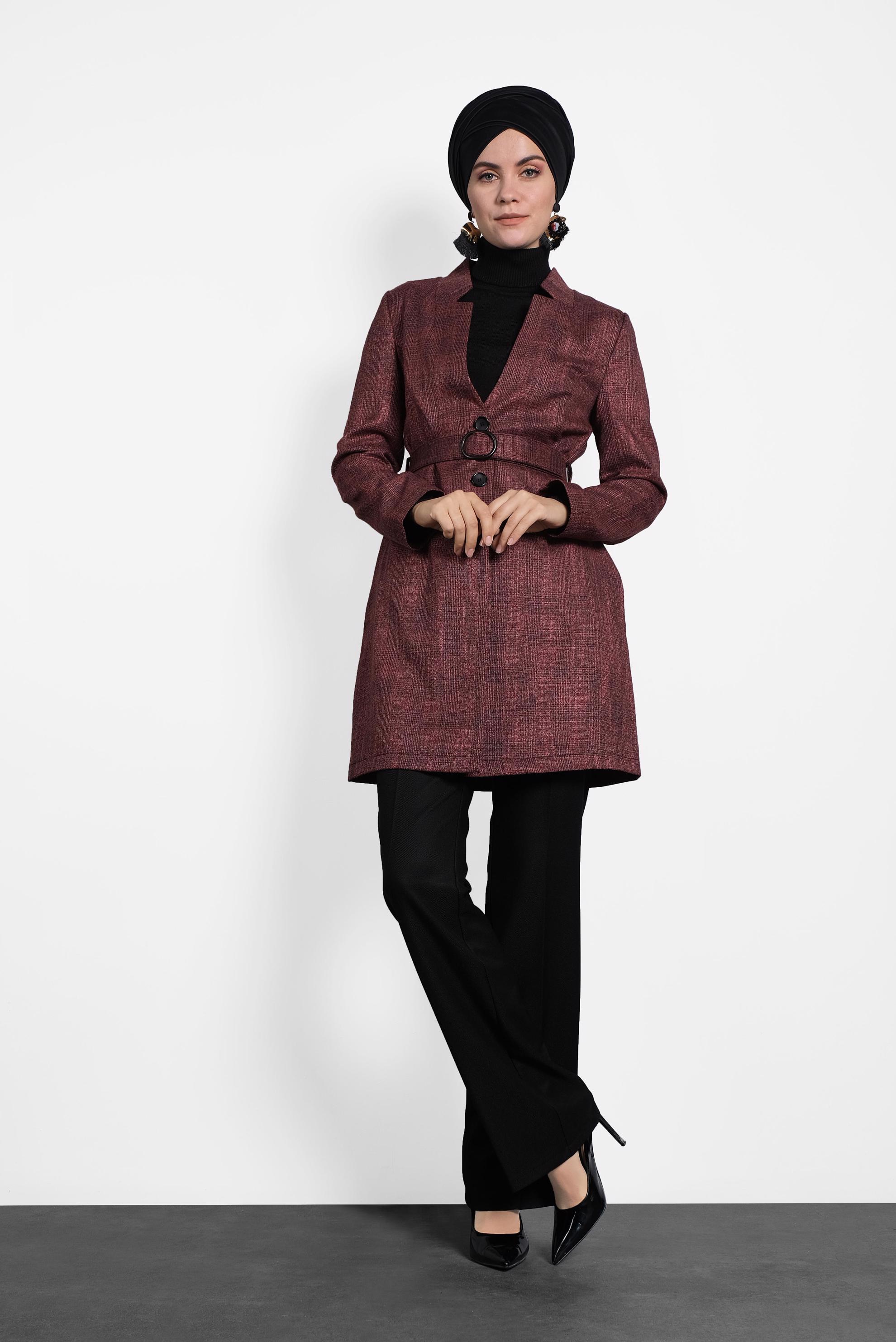 Tesettür giyim SİYAH KEMERLİ EKOSE CEKET 40222 