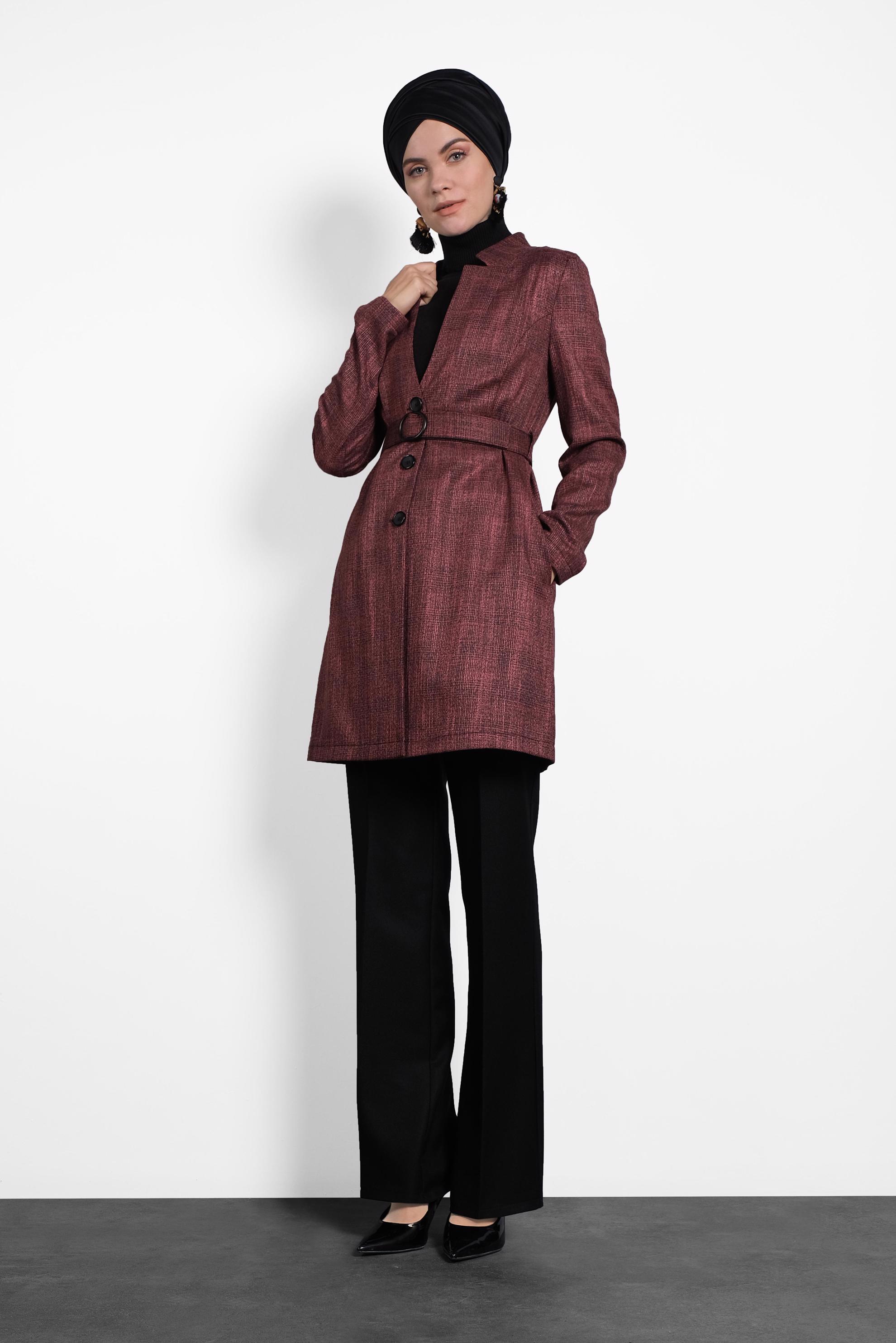 Tesettür giyim SİYAH KEMERLİ EKOSE CEKET 40222 