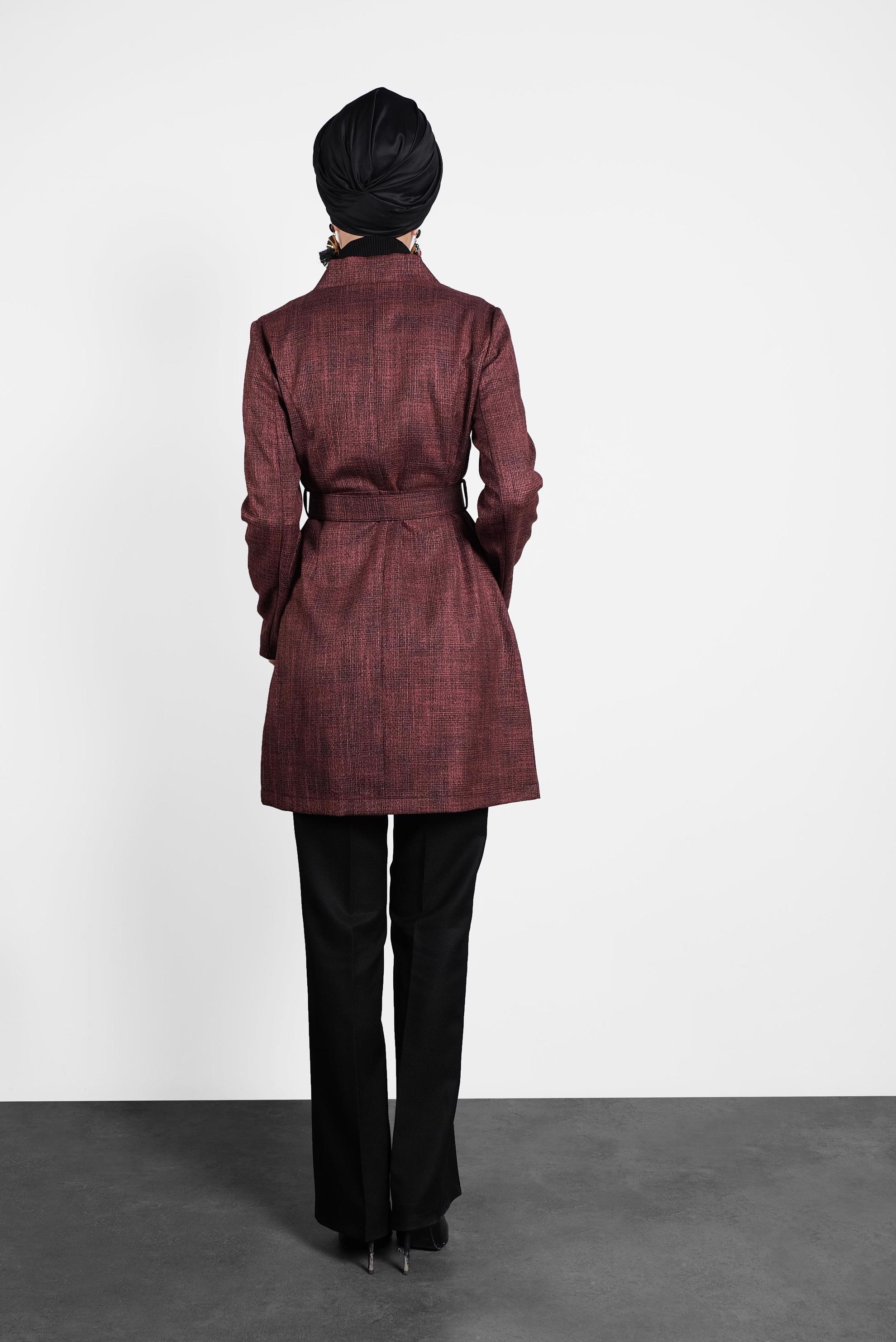 Tesettür giyim SİYAH KEMERLİ EKOSE CEKET 40222 