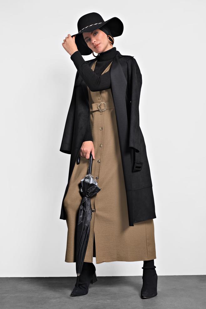 Vêtements hijab NOIR JAQUETTE EN DAIM AVEC CEINTURE 40240  - ALVİNA