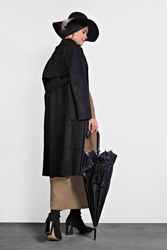 Vêtements hijab NOIR JAQUETTE EN DAIM AVEC CEINTURE 40240  - ALVİNA