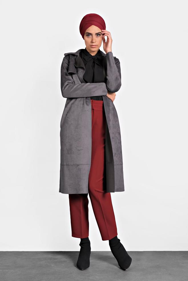 Vêtements hijab GRIS JAQUETTE EN DAIM AVEC CEINTURE 40240  - ALVİNA