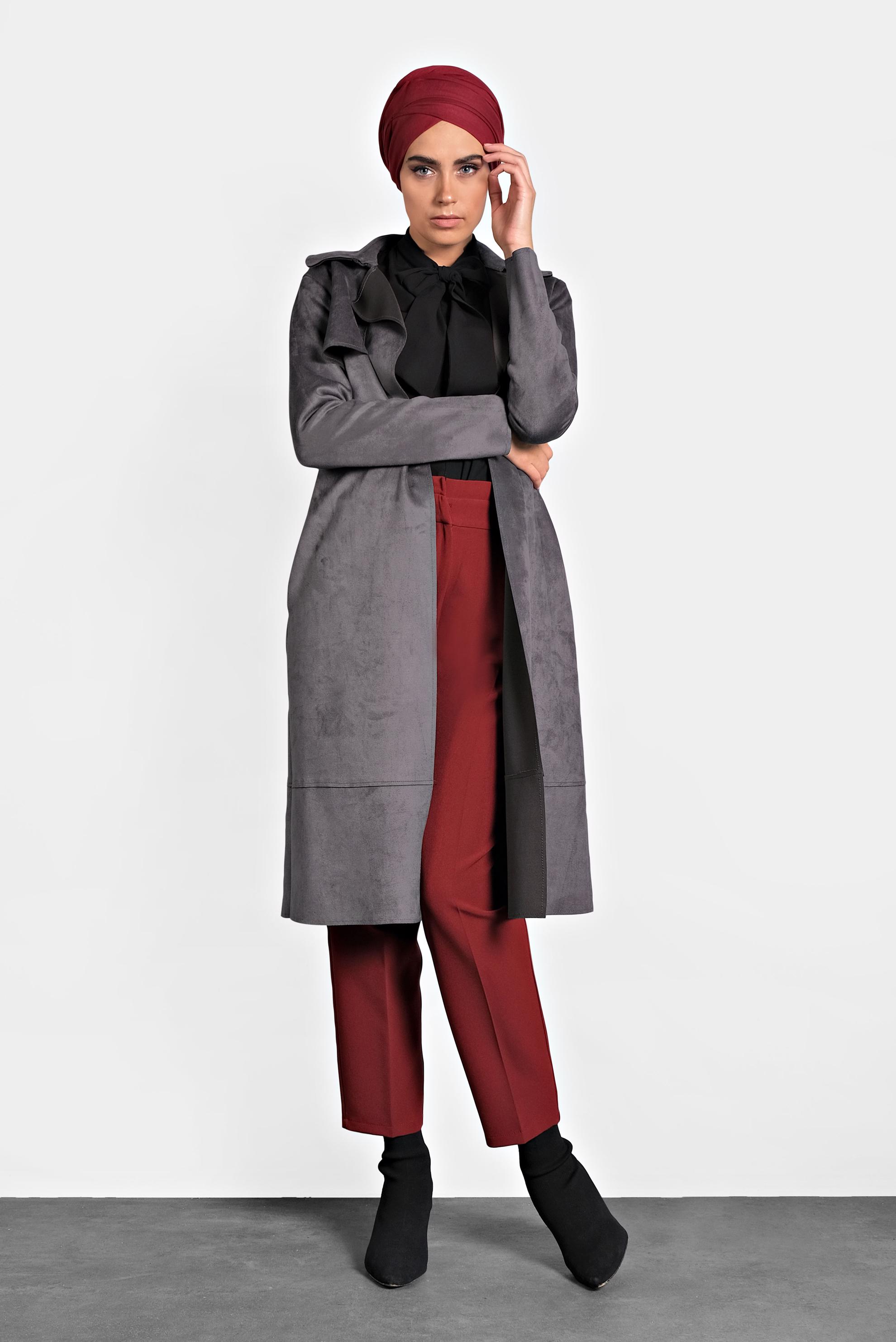 Hijab clothing GREY BELTED SUEDE JACKET 40240