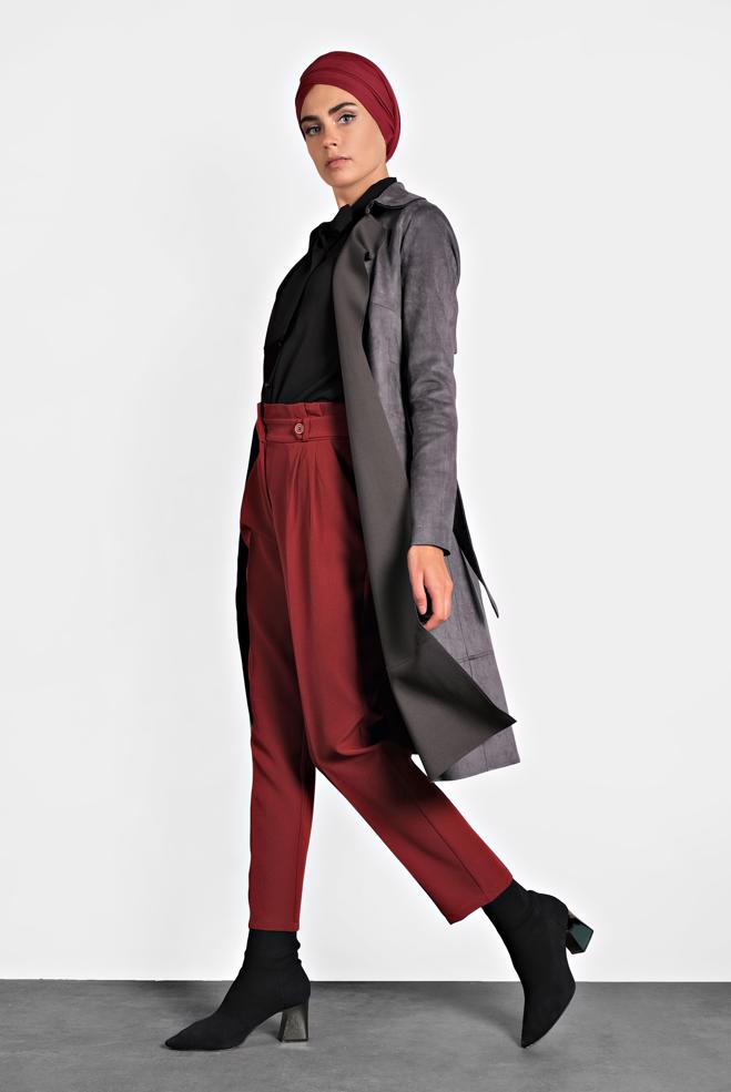 Vêtements hijab GRIS JAQUETTE EN DAIM AVEC CEINTURE 40240  - ALVİNA