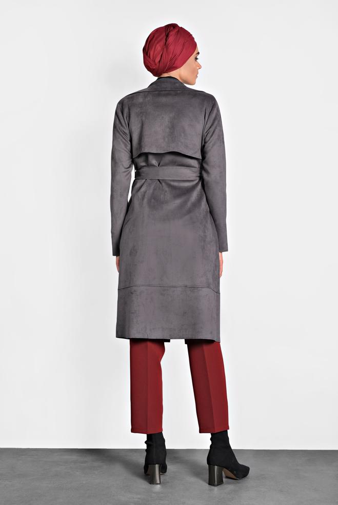 Vêtements hijab GRIS JAQUETTE EN DAIM AVEC CEINTURE 40240  - ALVİNA