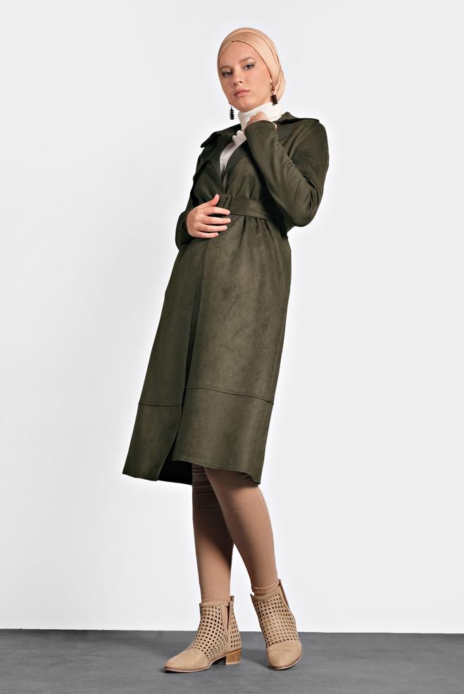 Vêtements hijab KAKI JAQUETTE EN DAIM AVEC CEINTURE 40240  - ALVİNA