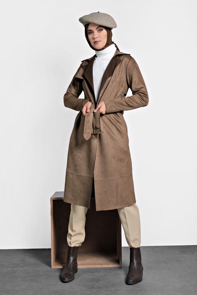 Vêtements hijab BRUN JAQUETTE EN DAIM AVEC CEINTURE 40240  - ALVİNA