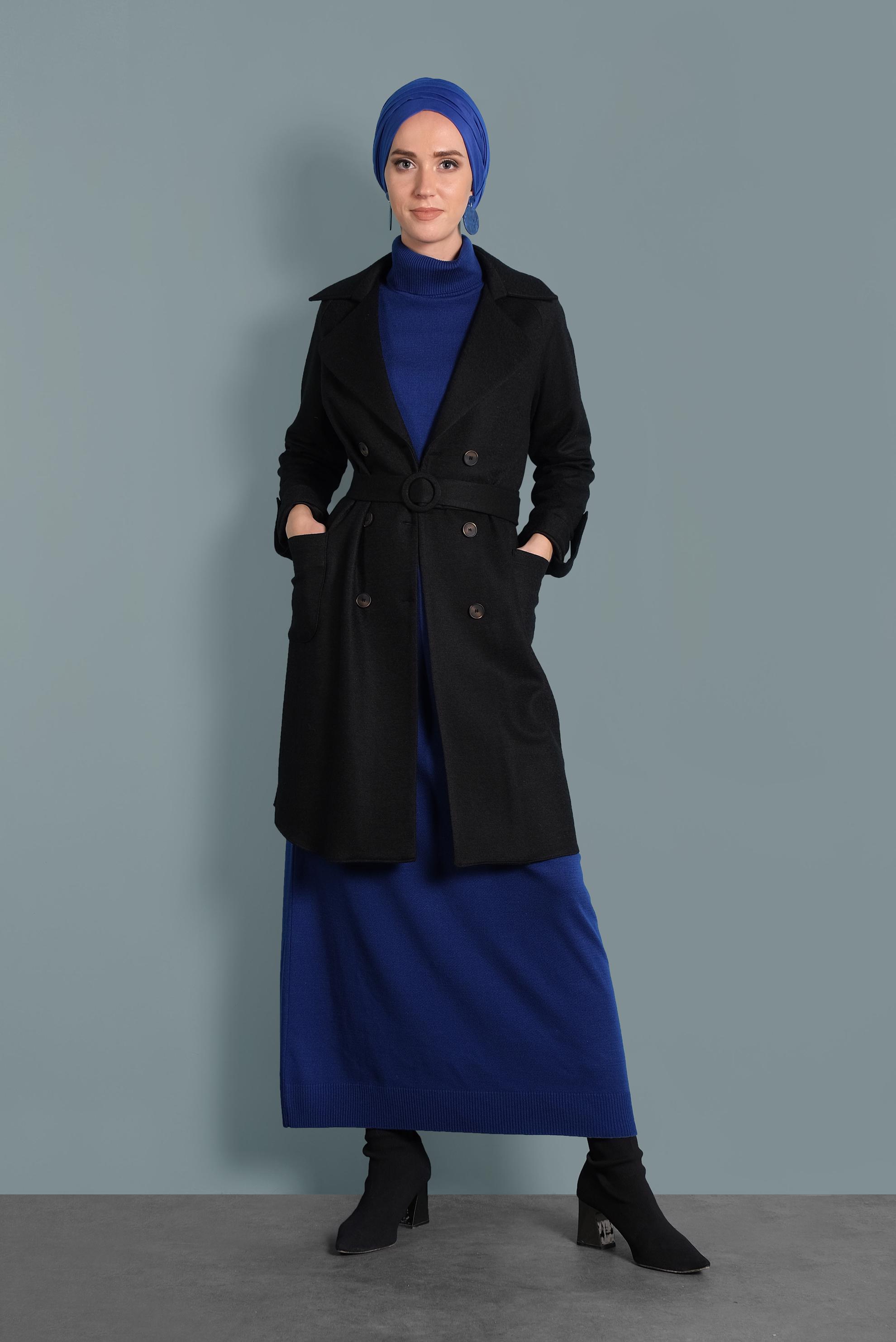 Tesettür giyim SİYAH KUŞAKLI DÜĞMELİ CEKET 40242 