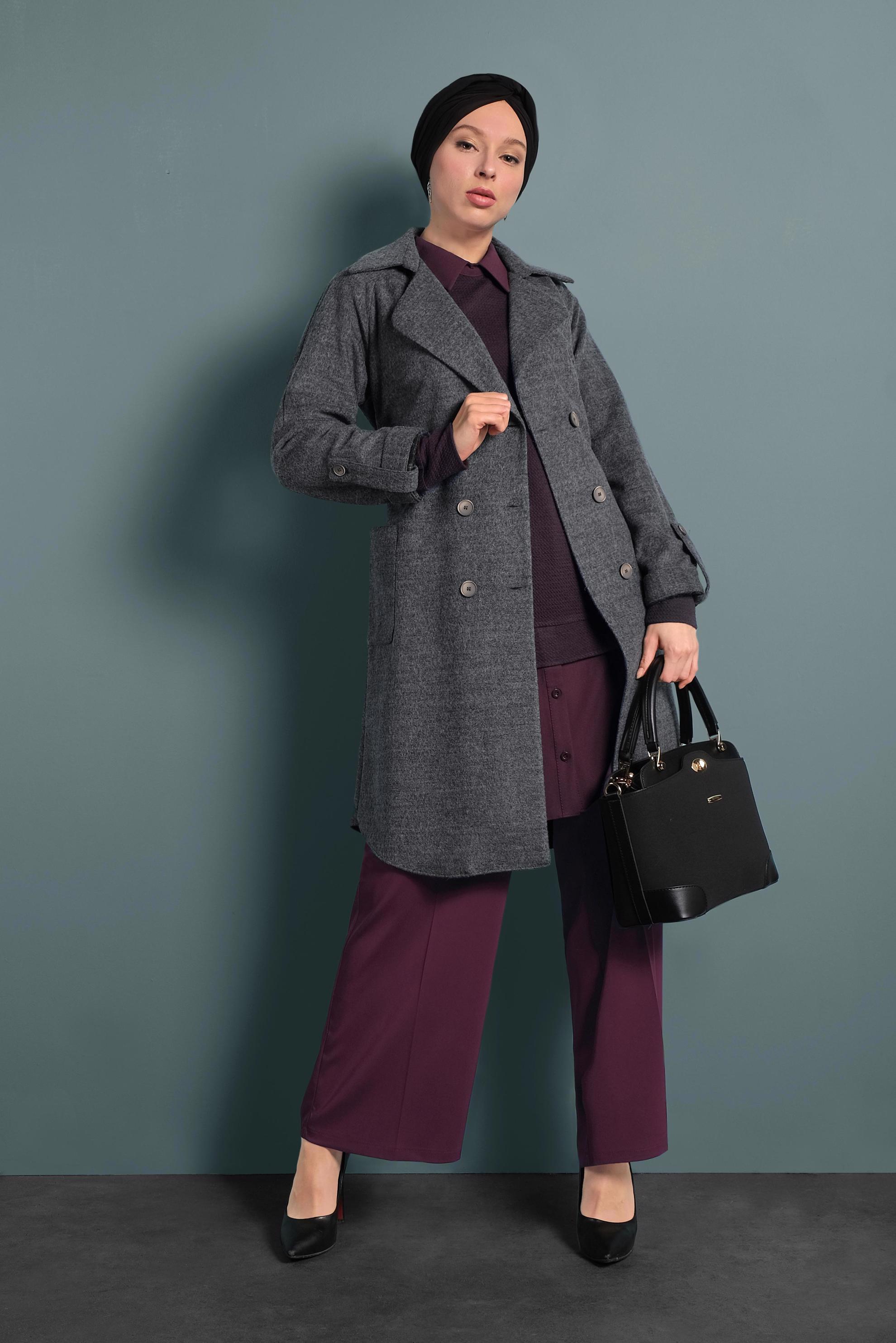 Tesettür giyim GRİ KUŞAKLI DÜĞMELİ CEKET 40242 