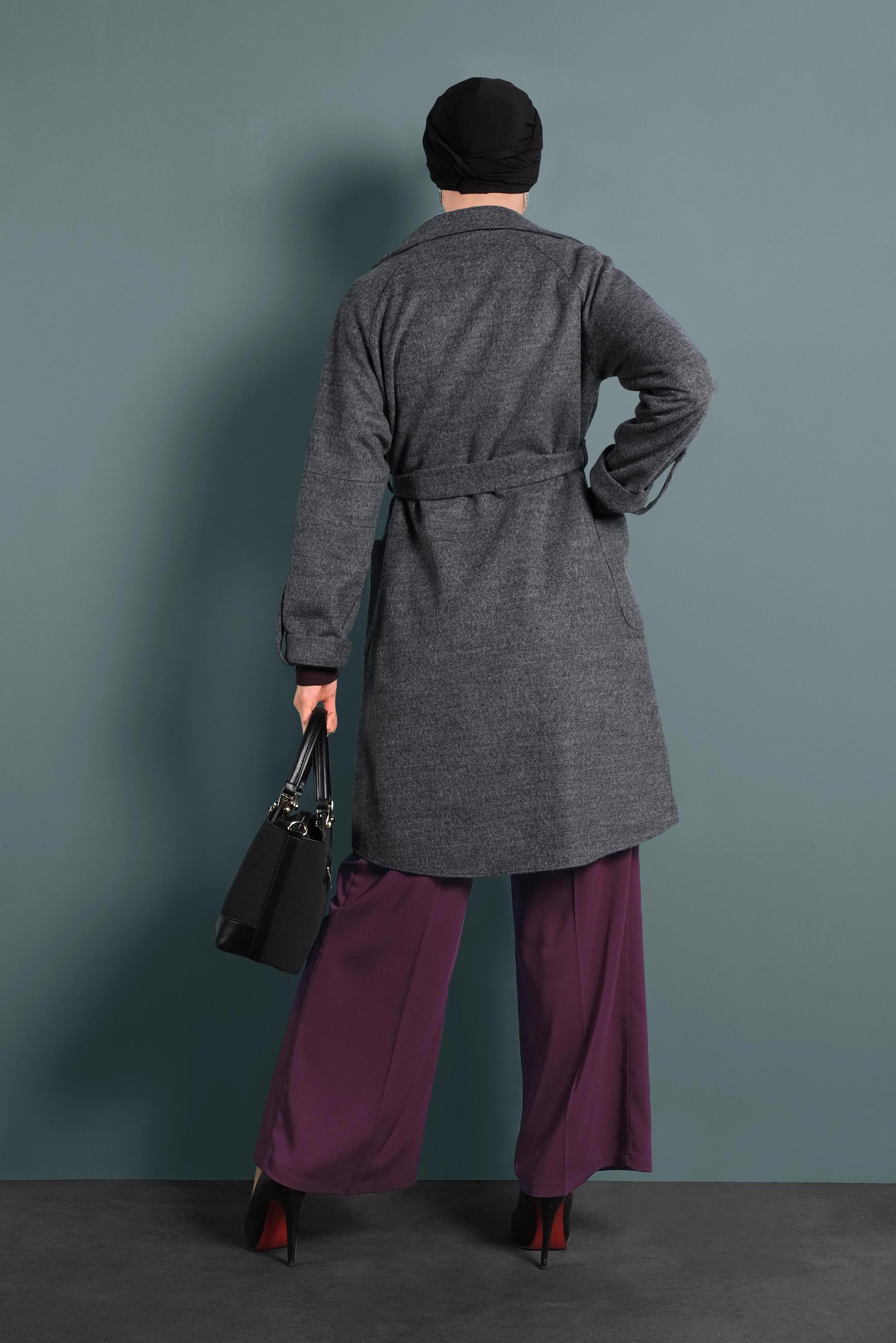 Tesettür giyim GRİ KUŞAKLI DÜĞMELİ CEKET 40242 