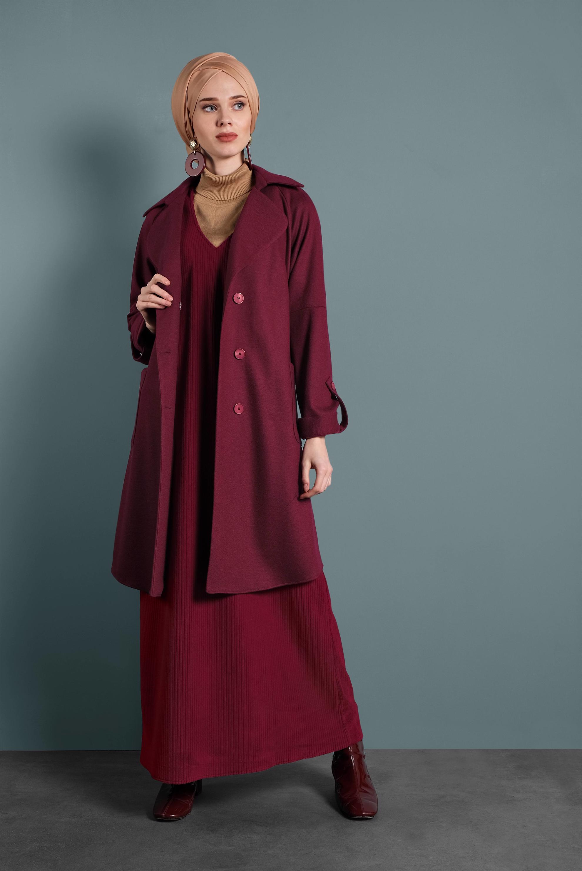 Tesettür giyim BORDO KUŞAKLI DÜĞMELİ CEKET 40242 
