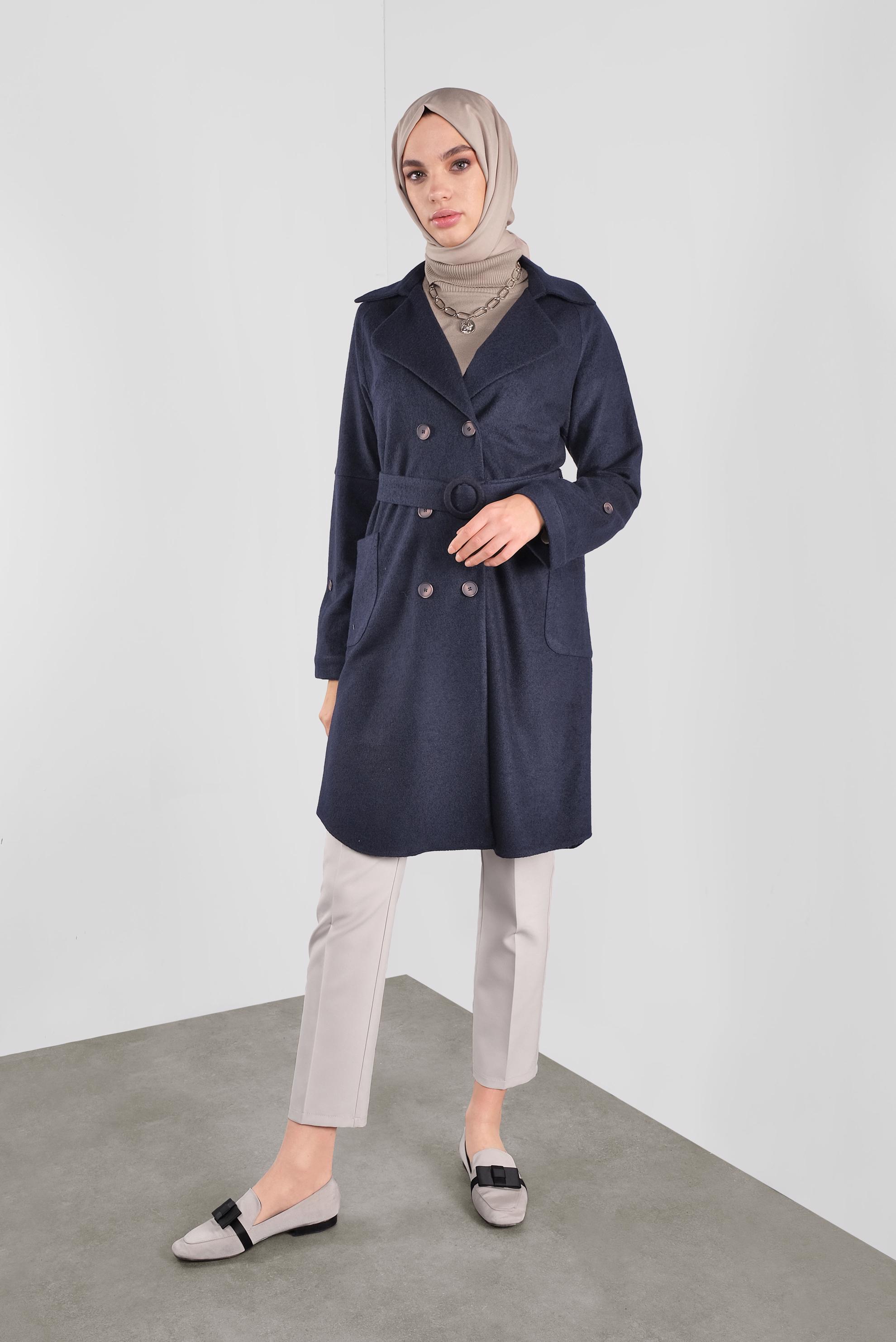 Tesettür giyim LACİVERT KUŞAKLI DÜĞMELİ CEKET 40242 