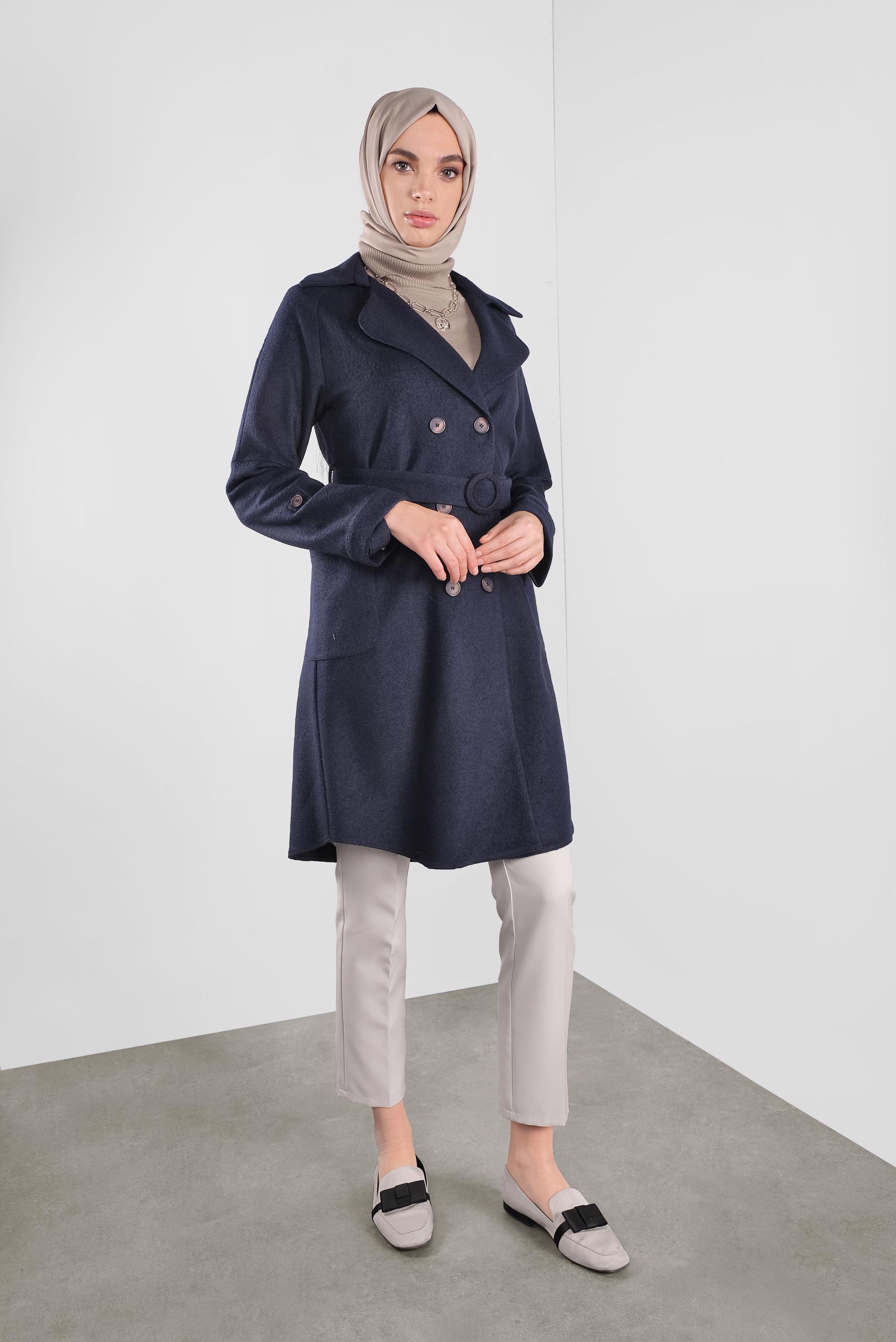 Tesettür giyim LACİVERT KUŞAKLI DÜĞMELİ CEKET 40242 