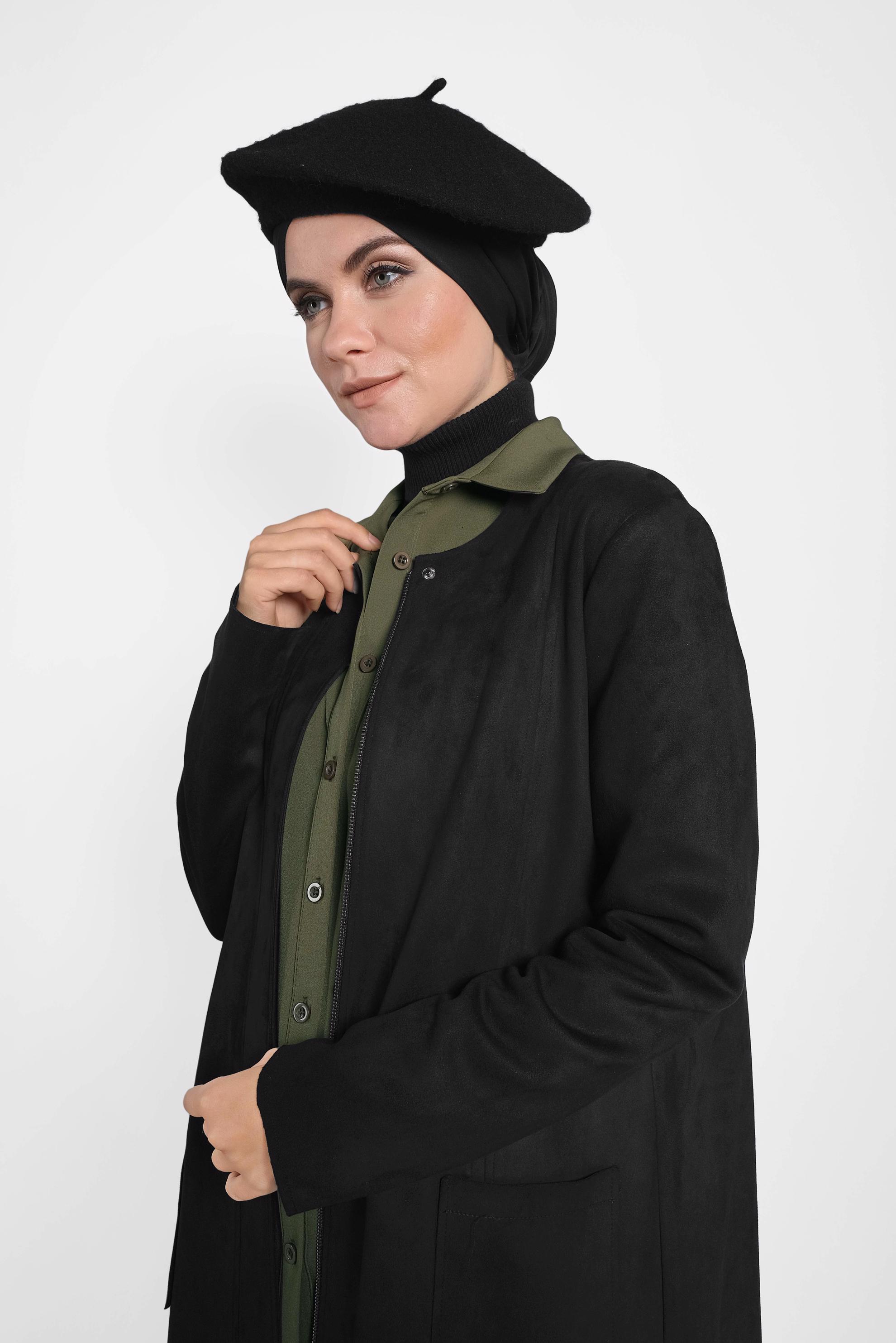 Tesettür giyim SİYAH CEPLİ FERMUARLI SÜET CEKET 40243 