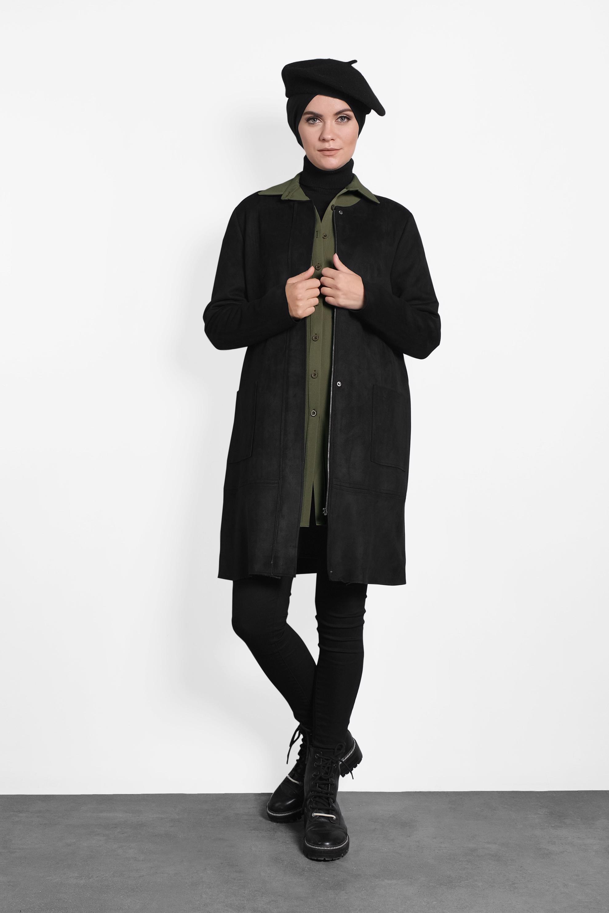 Tesettür giyim SİYAH CEPLİ FERMUARLI SÜET CEKET 40243 