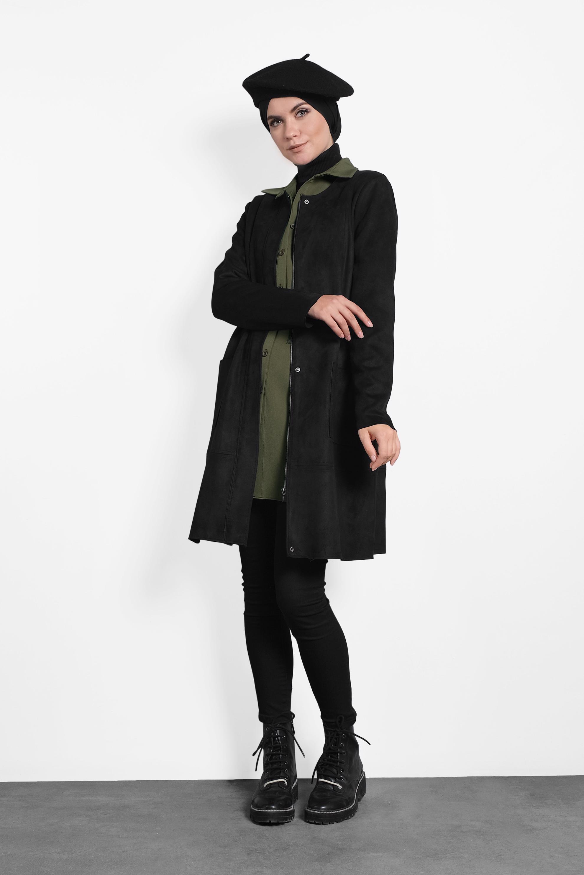 Tesettür giyim SİYAH CEPLİ FERMUARLI SÜET CEKET 40243 