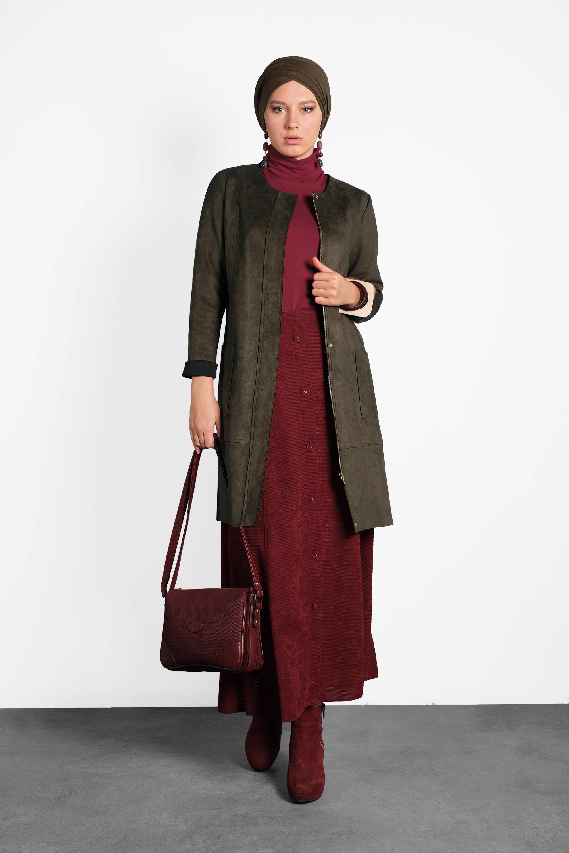 Tesettür giyim HAKİ CEPLİ FERMUARLI SÜET CEKET 40243 