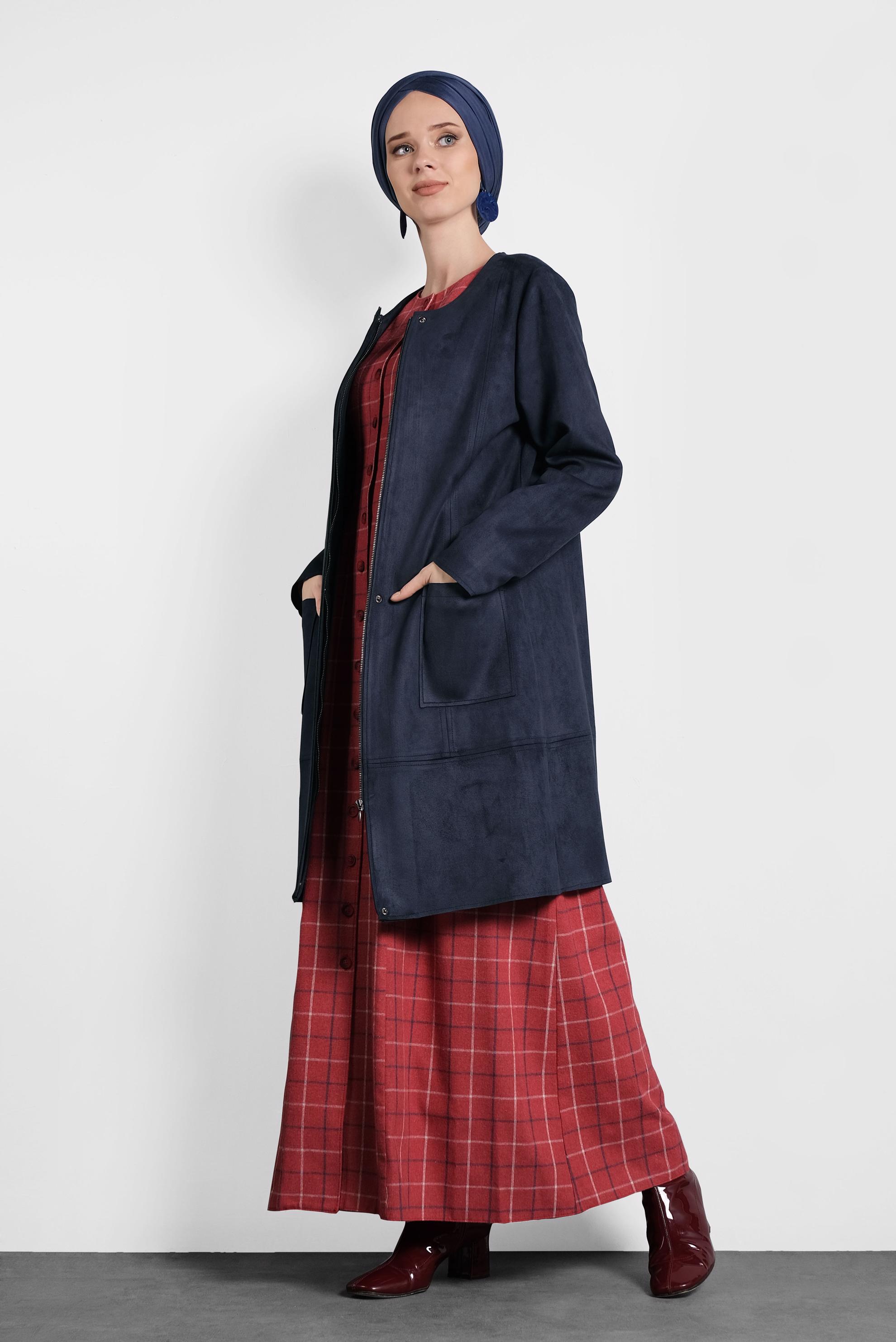 Tesettür giyim LACİVERT CEPLİ FERMUARLI SÜET CEKET 40243 