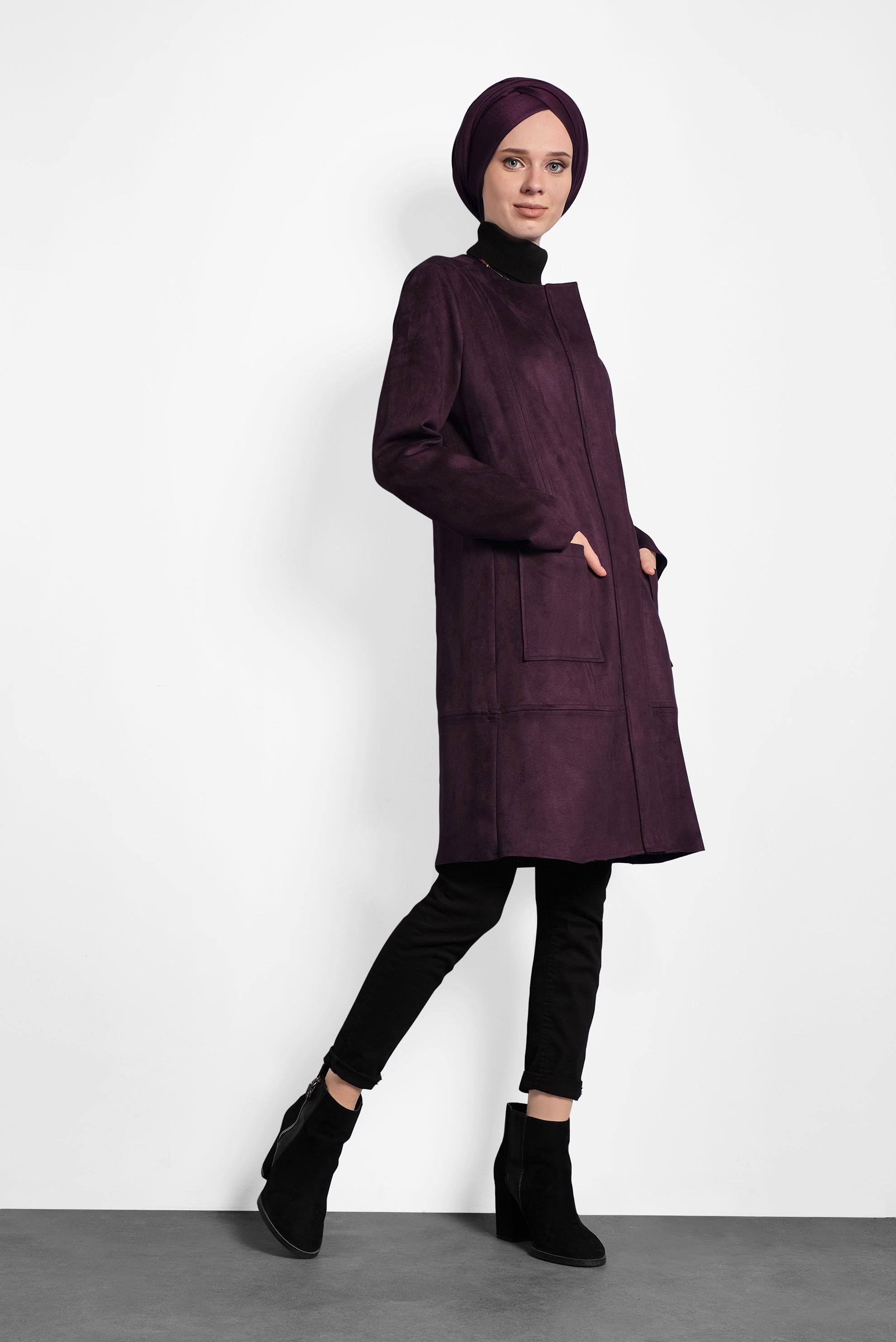 Tesettür giyim BORDO CEPLİ FERMUARLI SÜET CEKET 40243 