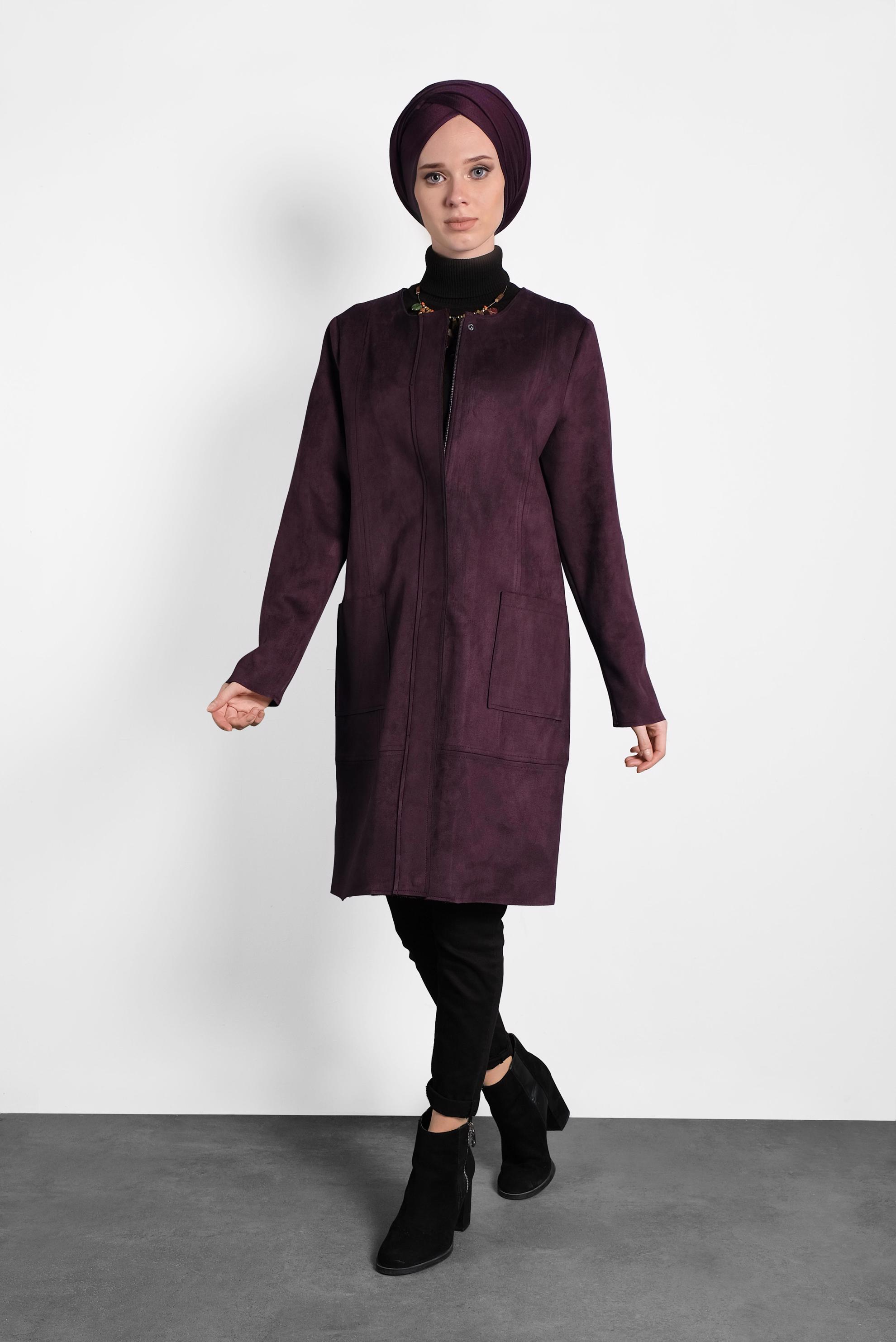 Tesettür giyim BORDO CEPLİ FERMUARLI SÜET CEKET 40243 