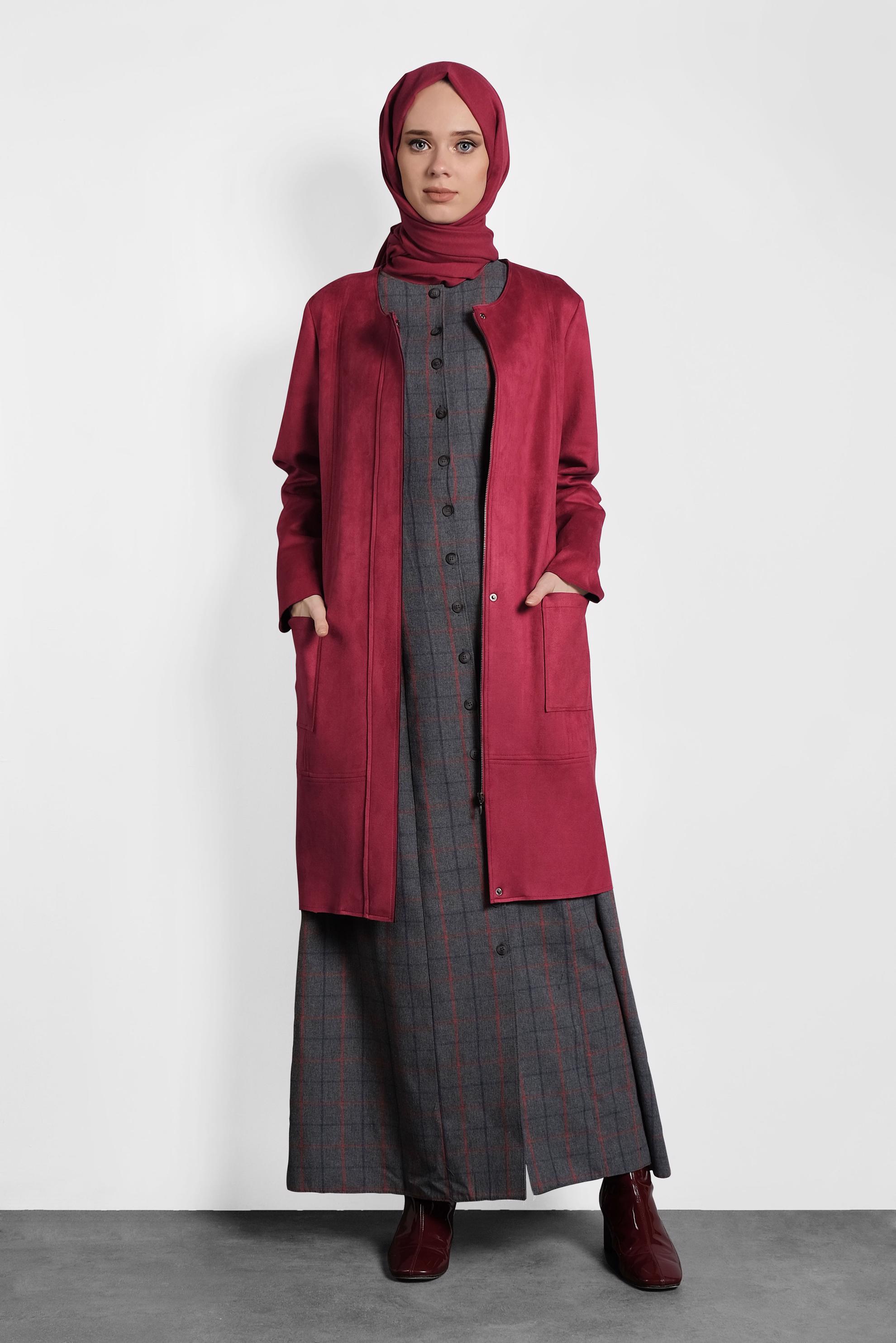 Tesettür giyim BORDO CEPLİ FERMUARLI SÜET CEKET 40243 