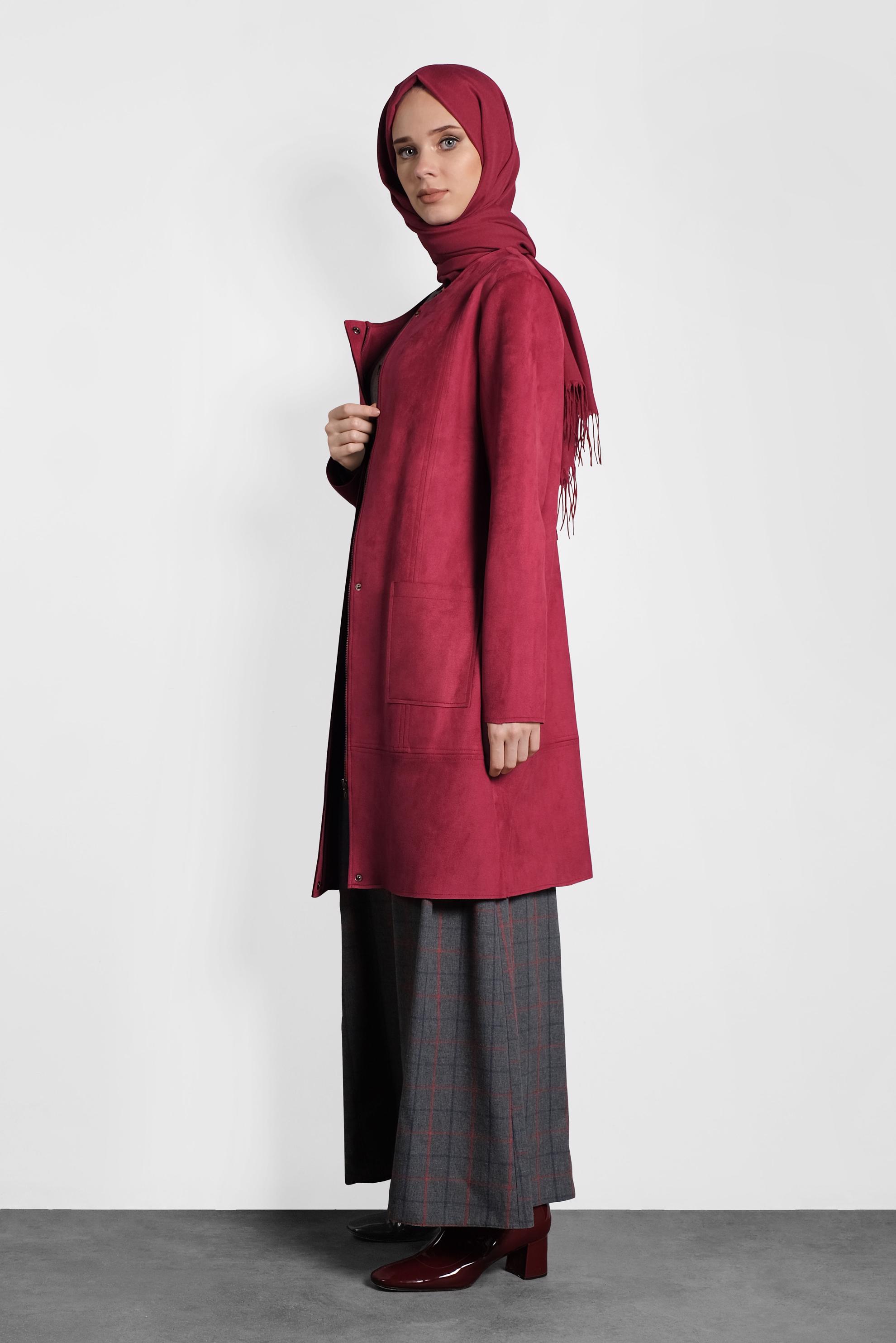 Tesettür giyim BORDO CEPLİ FERMUARLI SÜET CEKET 40243 
