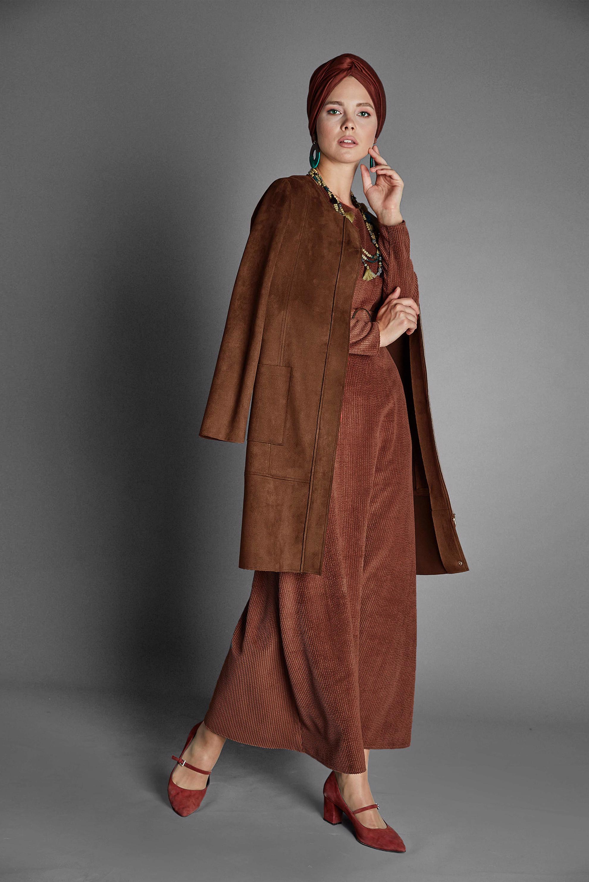 Tesettür giyim KAHVE CEPLİ FERMUARLI SÜET CEKET 40243 