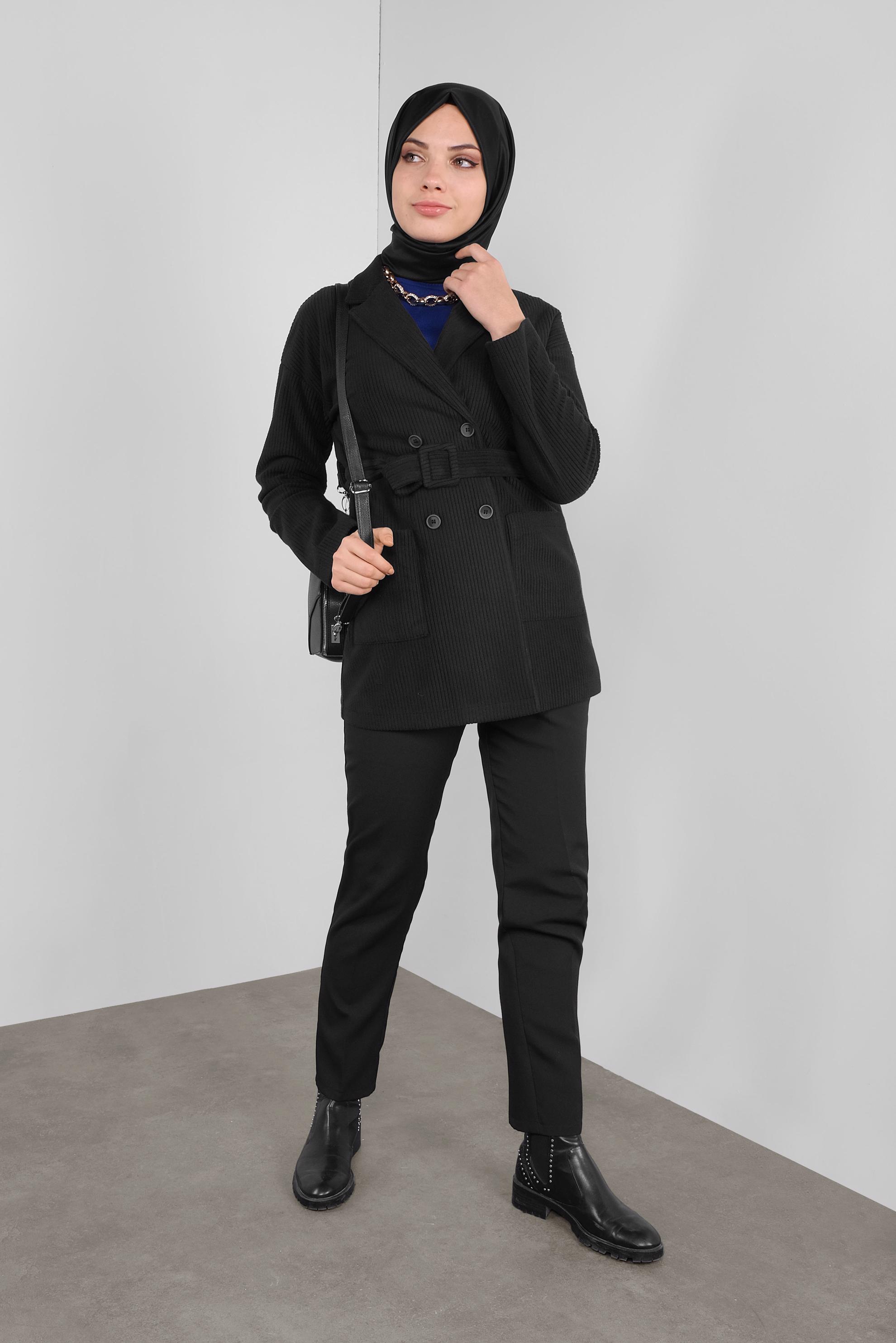 Tesettür giyim SİYAH KEMERLİ KADİFE CEKET 40246