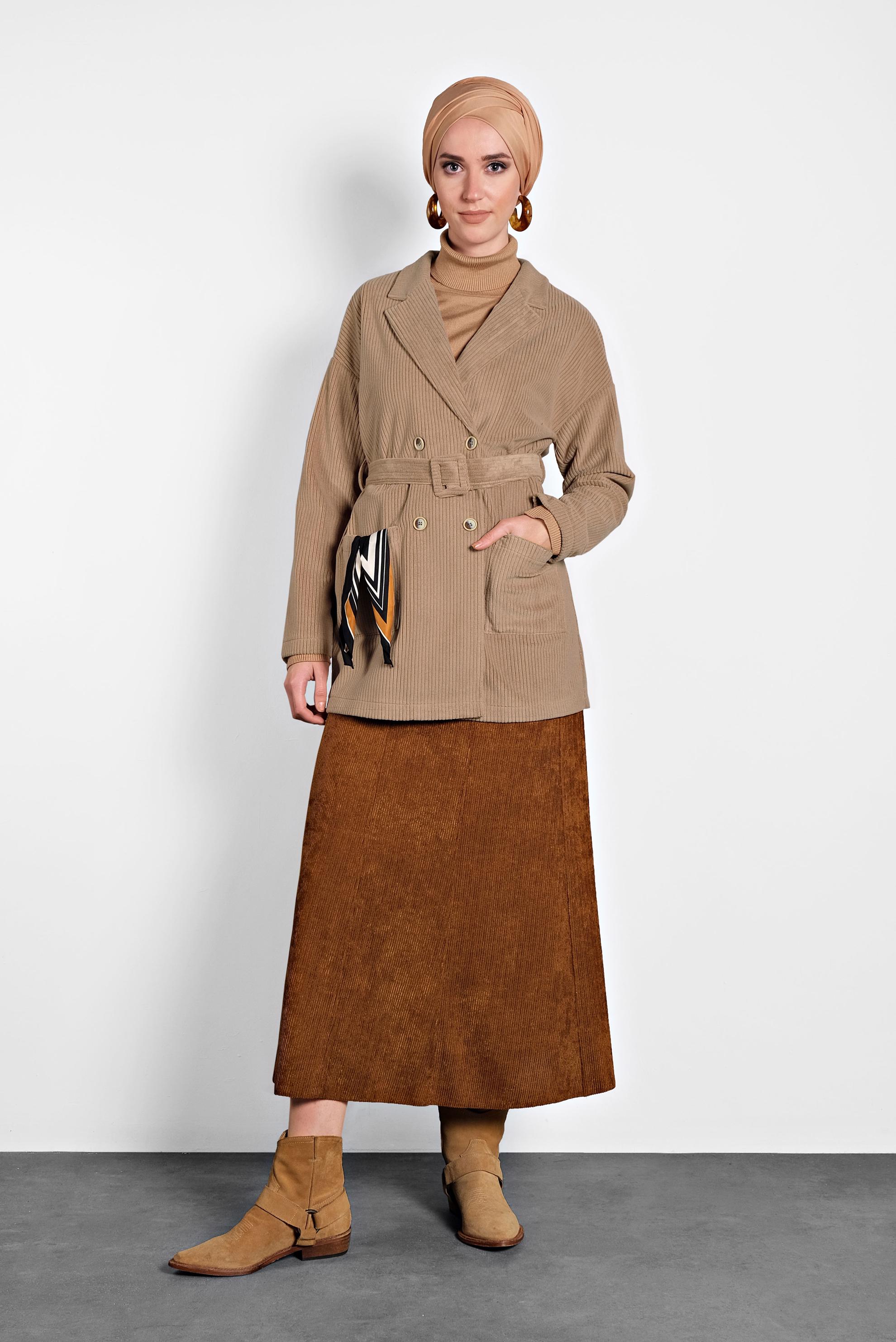 Tesettür giyim KAHVE KEMERLİ KADİFE CEKET 40246