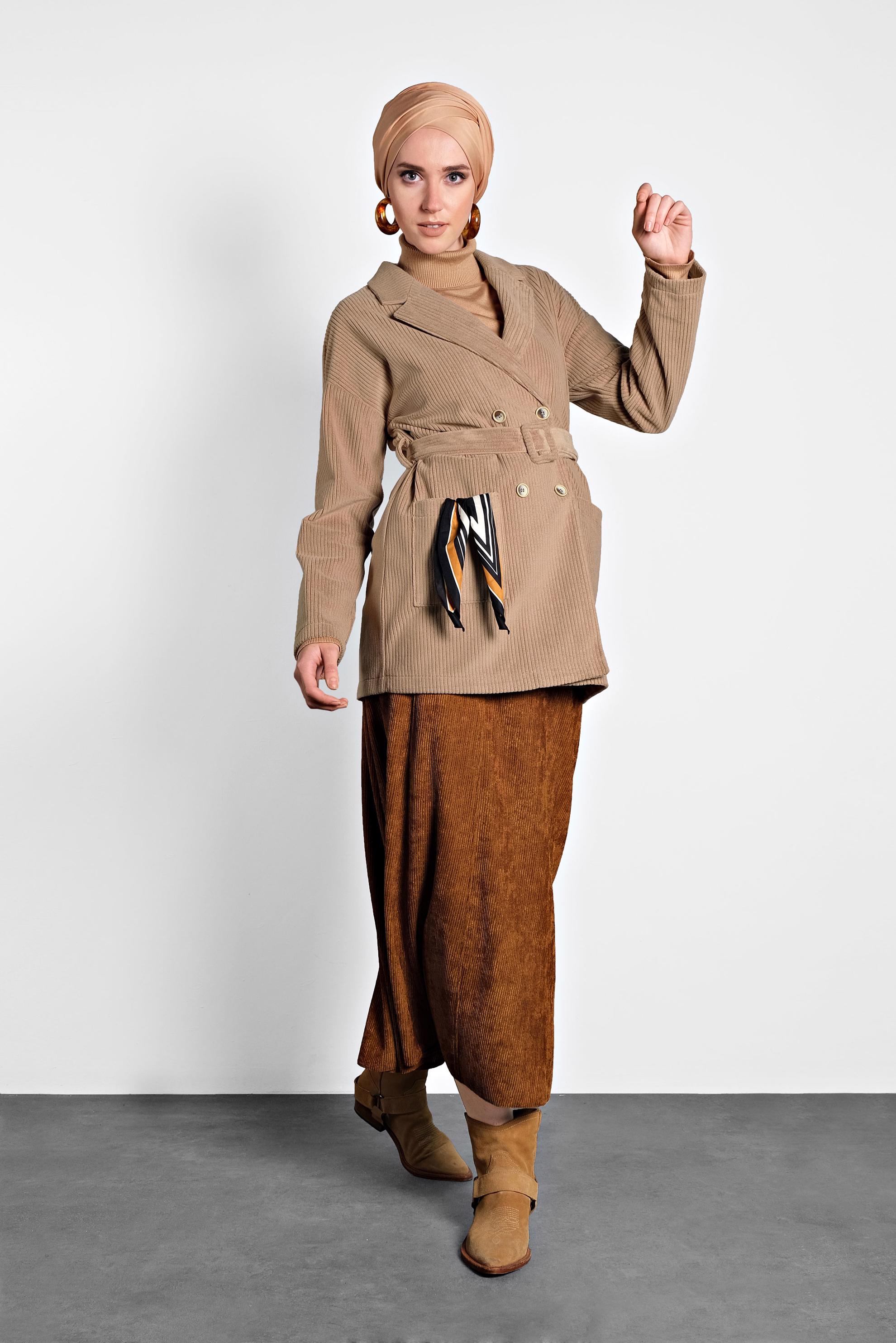 Tesettür giyim KAHVE KEMERLİ KADİFE CEKET 40246