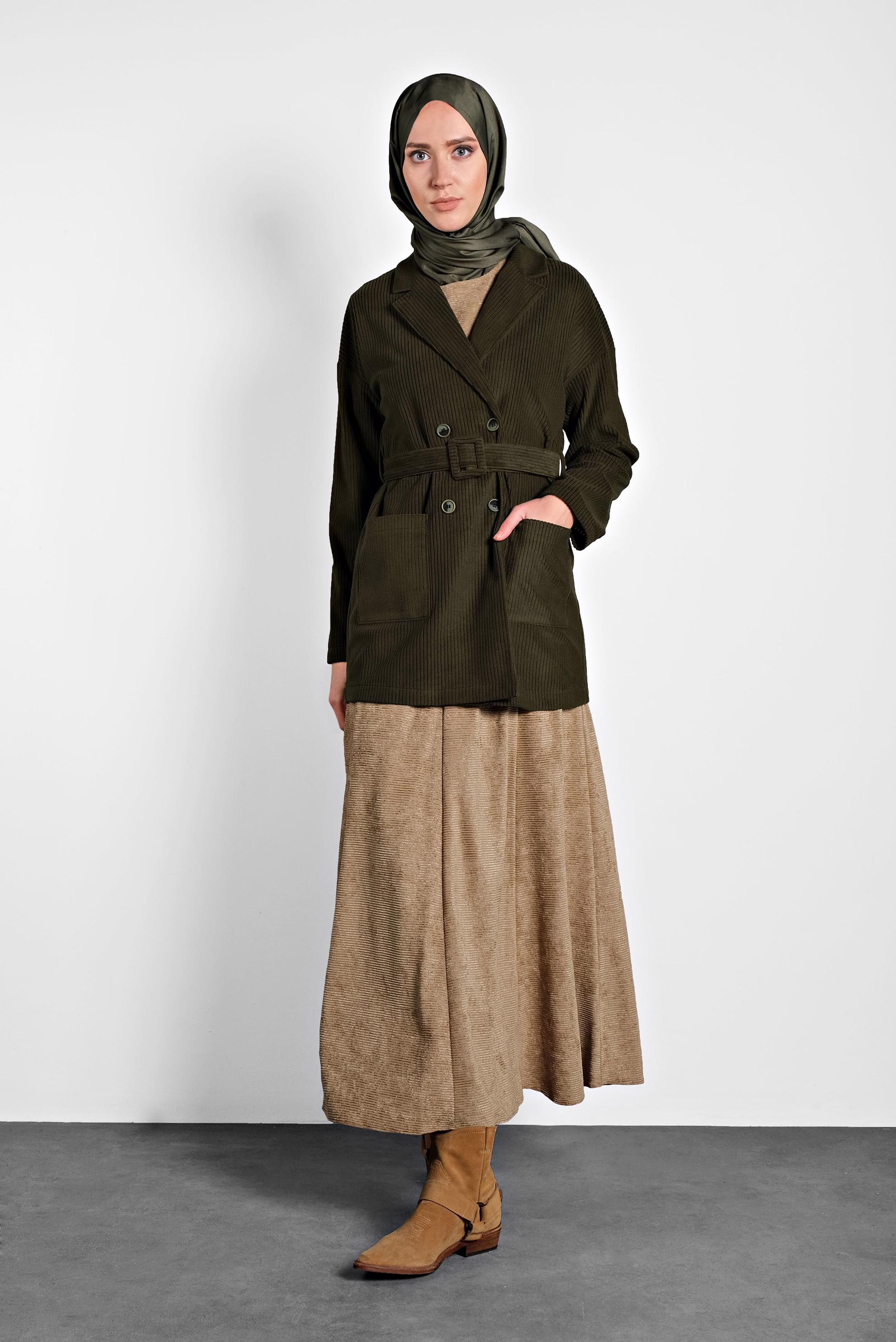 Tesettür giyim HAKİ KEMERLİ KADİFE CEKET 40246