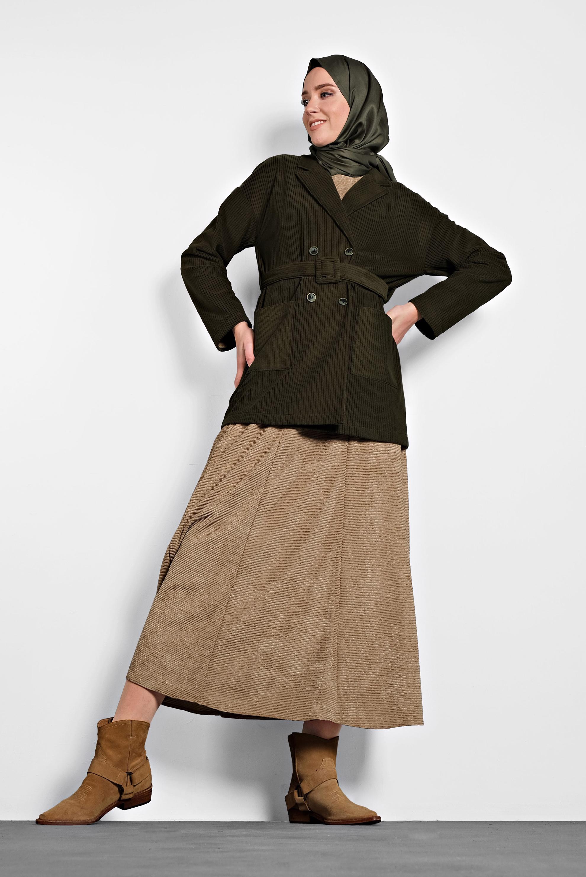 Tesettür giyim HAKİ KEMERLİ KADİFE CEKET 40246