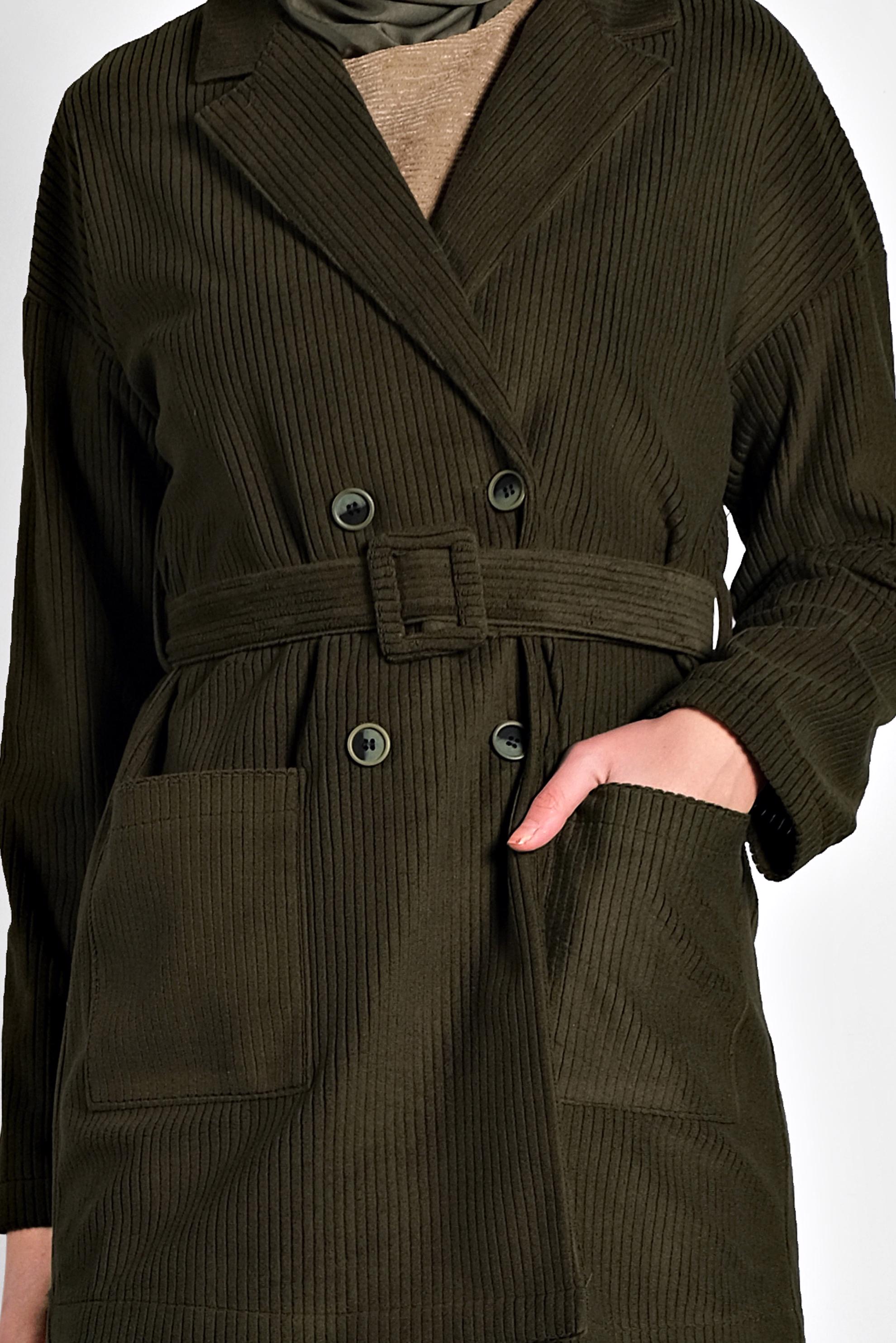 Tesettür giyim HAKİ KEMERLİ KADİFE CEKET 40246