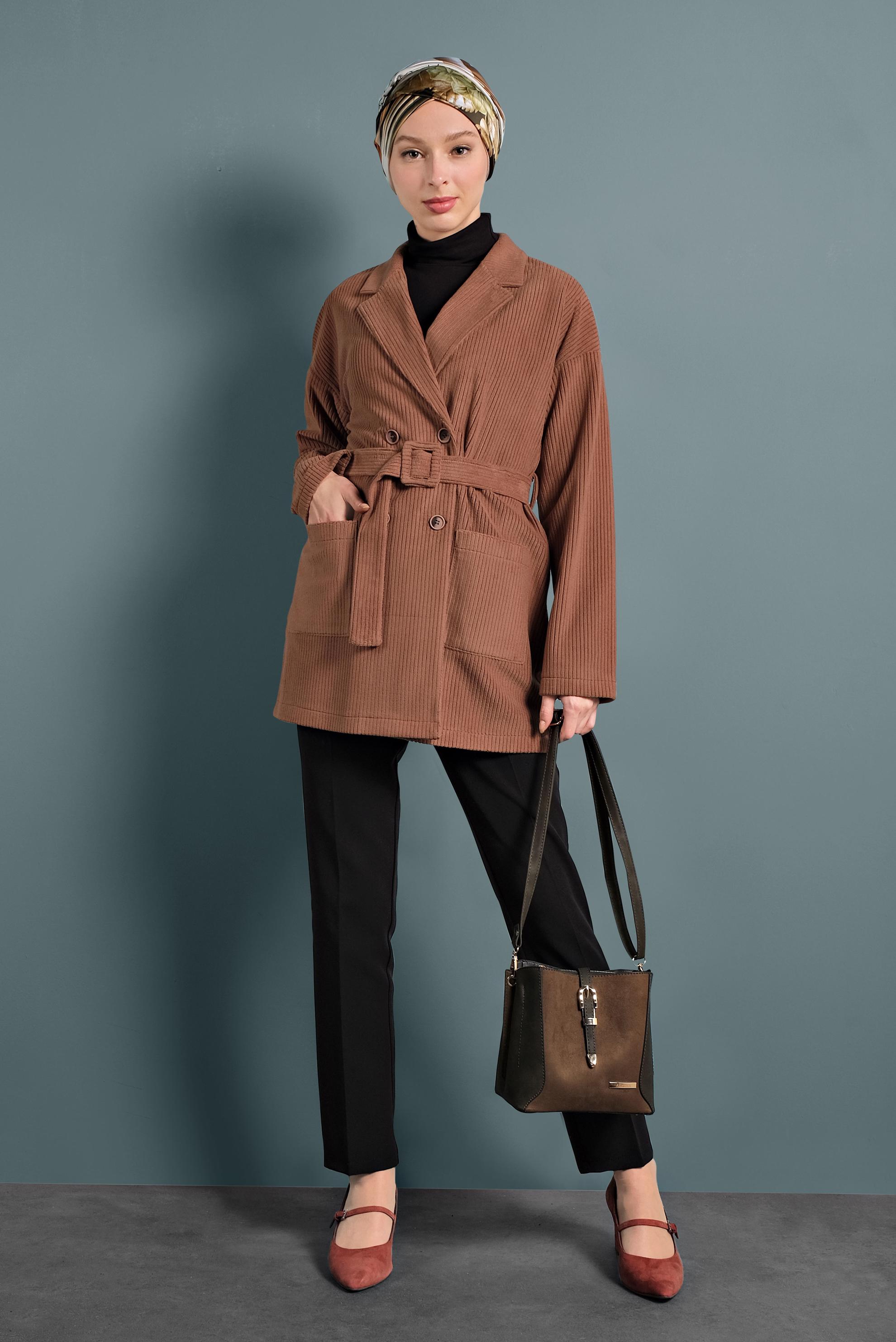 Tesettür giyim TABA KEMERLİ KADİFE CEKET 40246