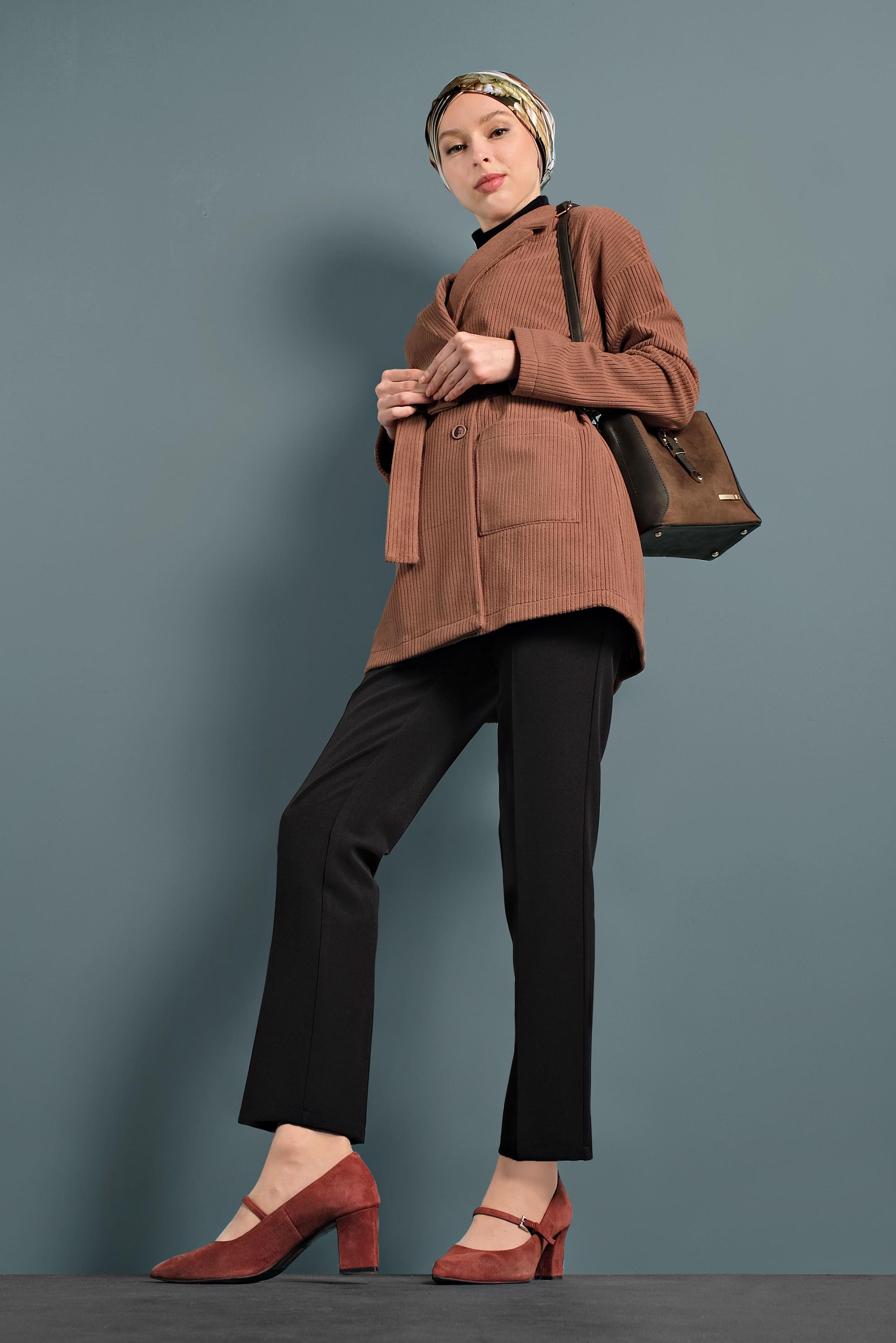 Tesettür giyim TABA KEMERLİ KADİFE CEKET 40246