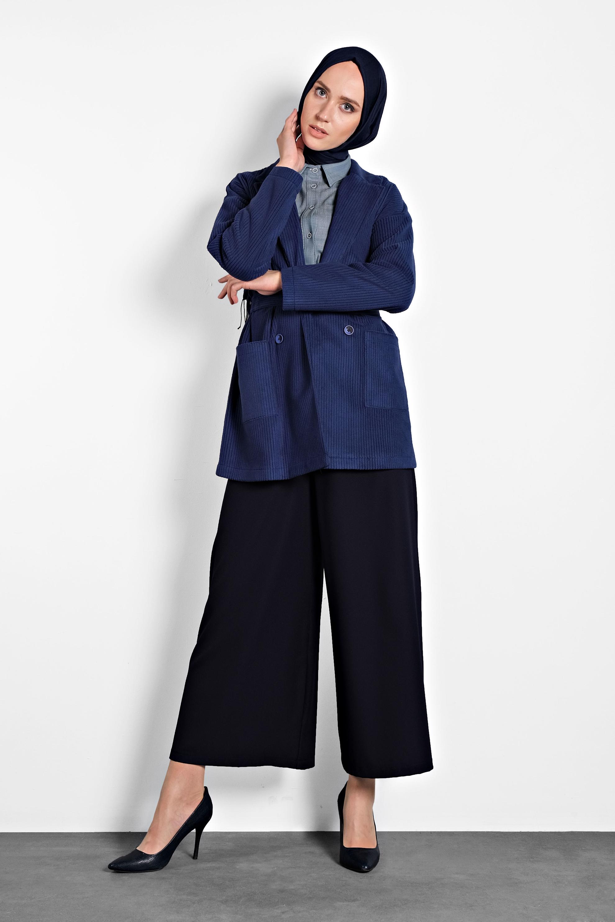 Tesettür giyim LACİVERT KEMERLİ KADİFE CEKET 40246
