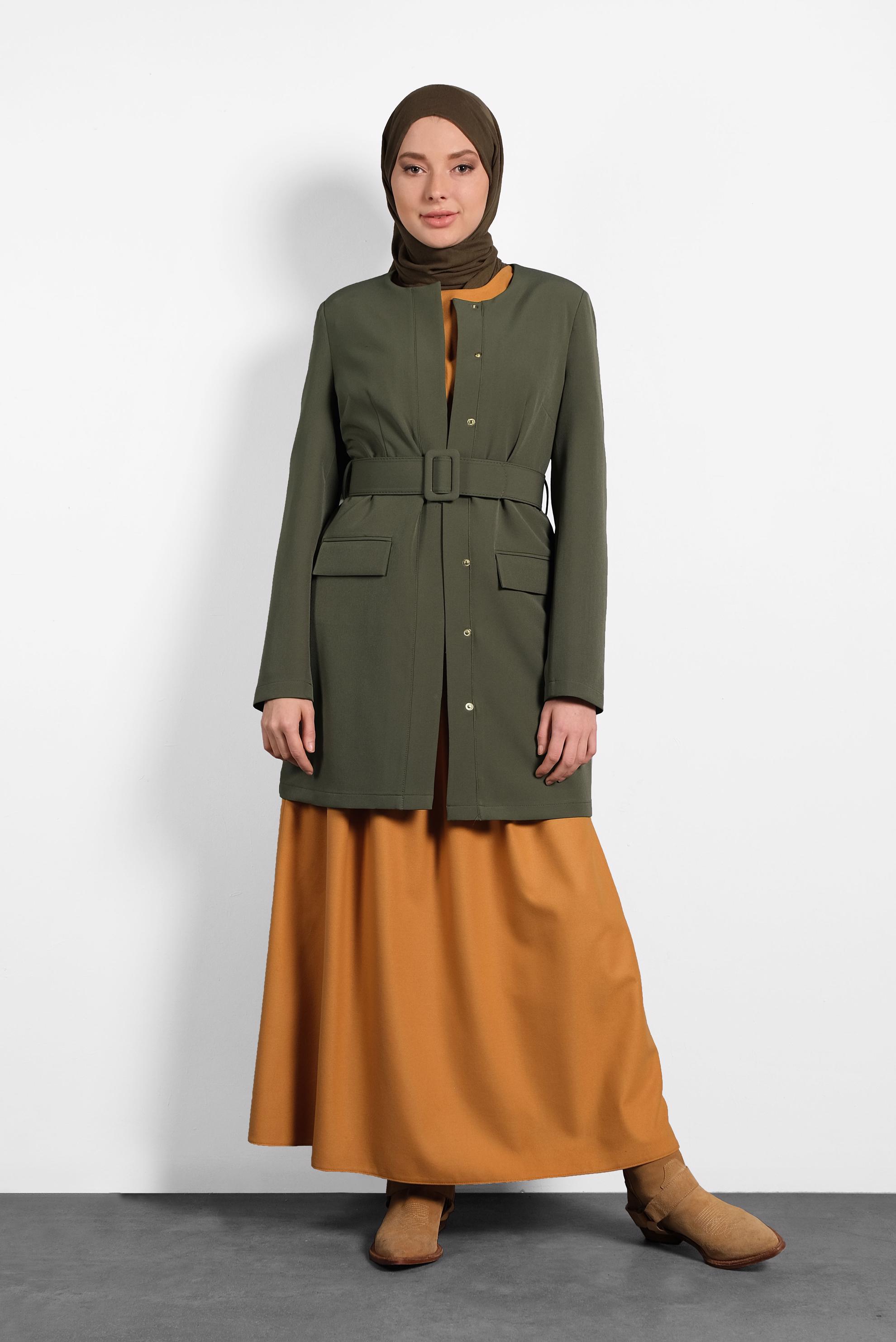 Tesettür giyim HAKİ KEMERLİ KLASİK CEKET 40248 