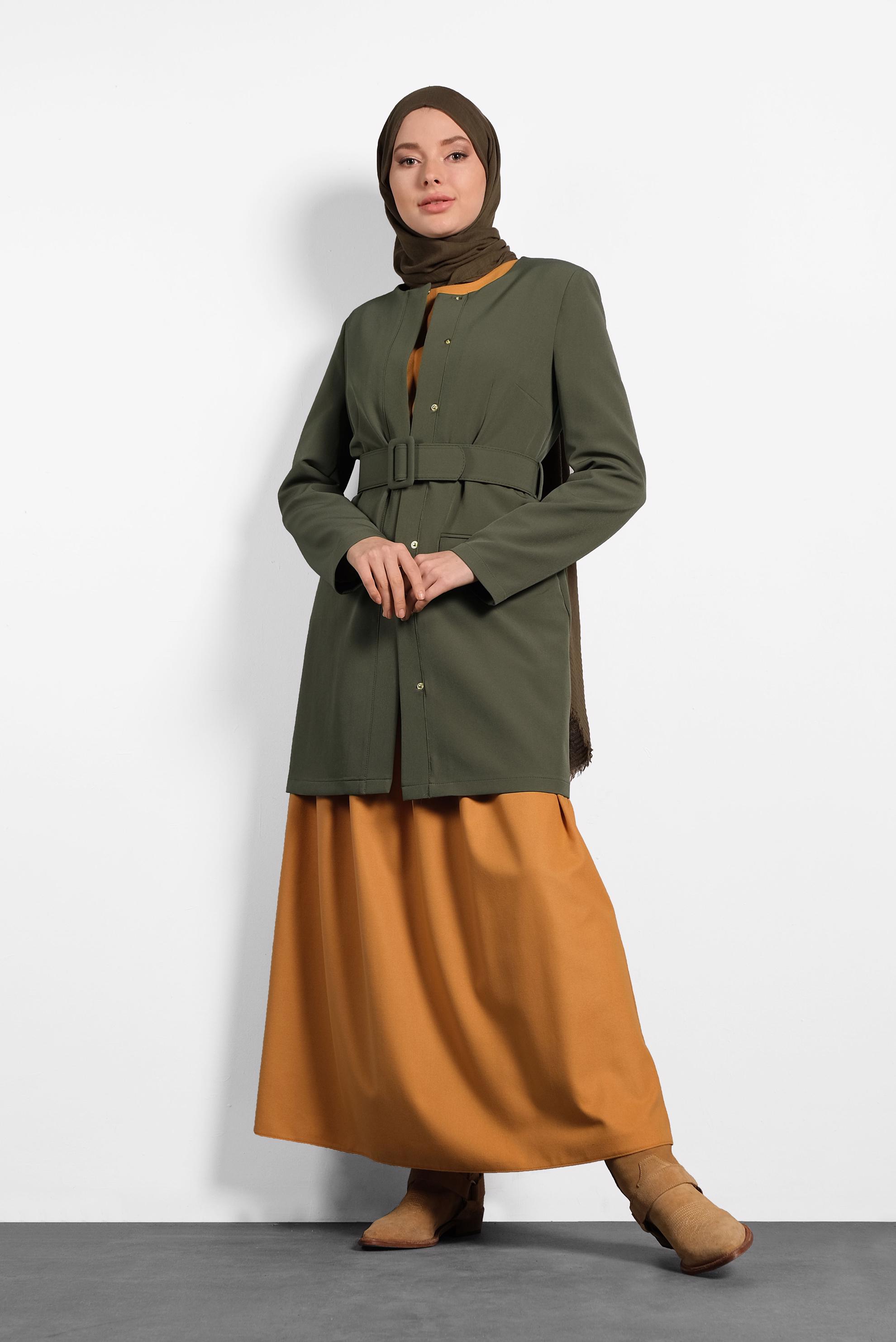 Tesettür giyim HAKİ KEMERLİ KLASİK CEKET 40248 