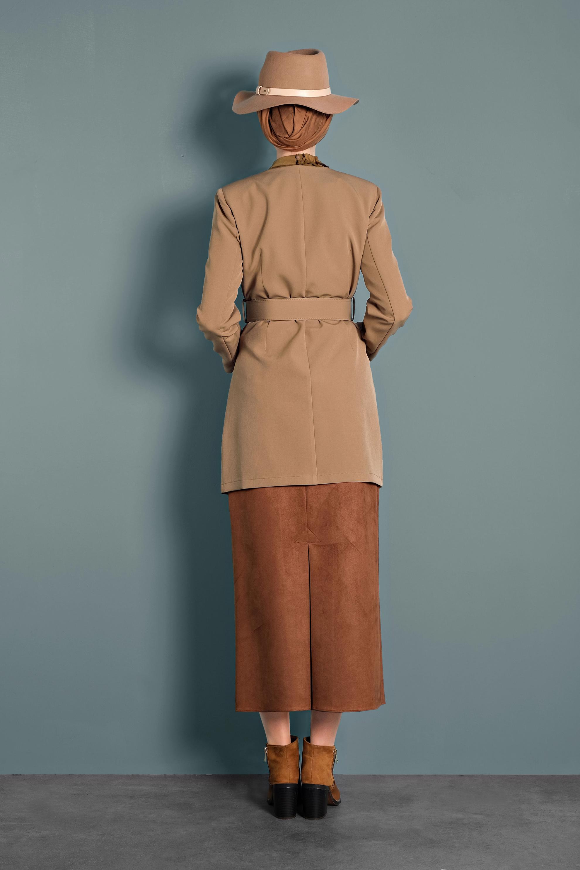 Tesettür giyim BEJ KEMERLİ KLASİK CEKET 40248 