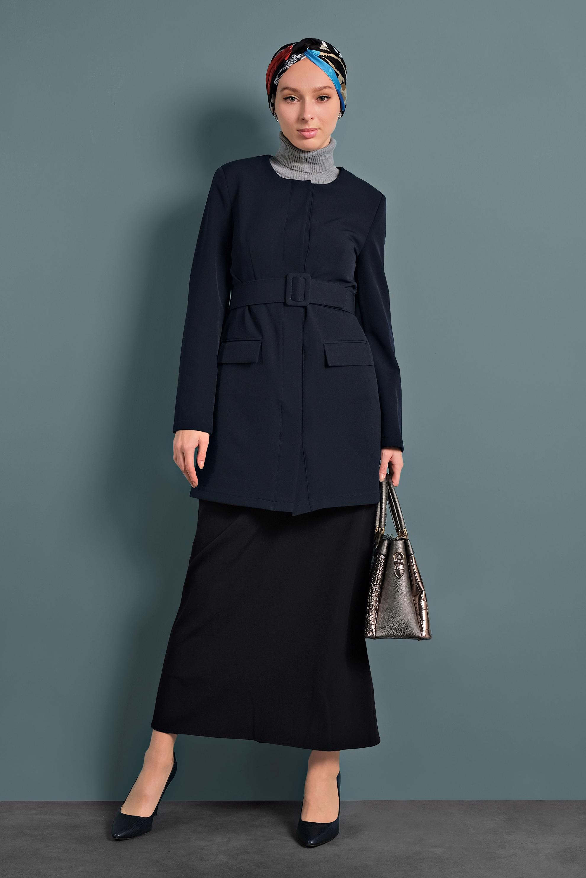 Tesettür giyim LACİVERT KEMERLİ KLASİK CEKET 40248 
