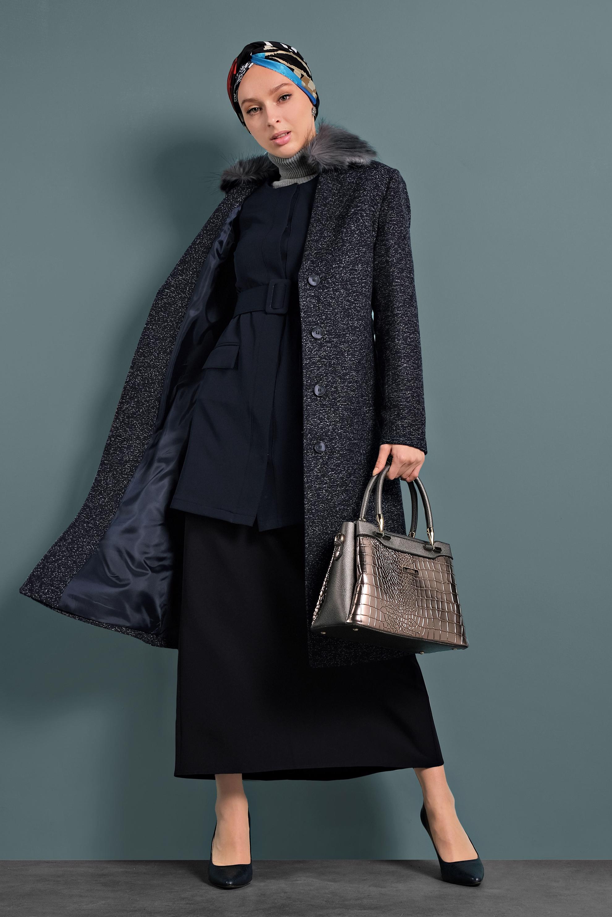 Tesettür giyim LACİVERT KEMERLİ KLASİK CEKET 40248 