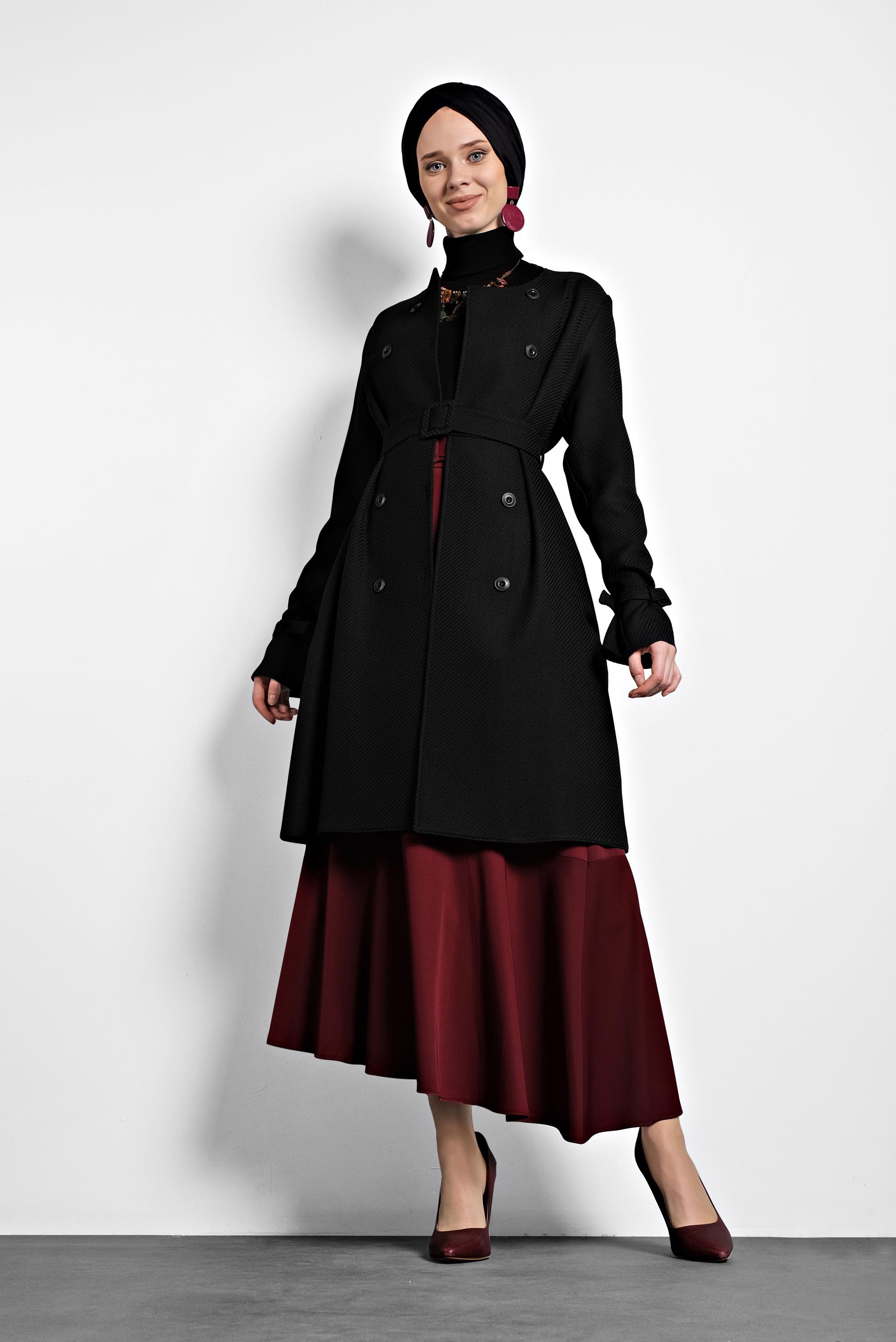 Tesettür giyim SİYAH KEMERLİ BİSİKLET YAKA CEKET 40265 