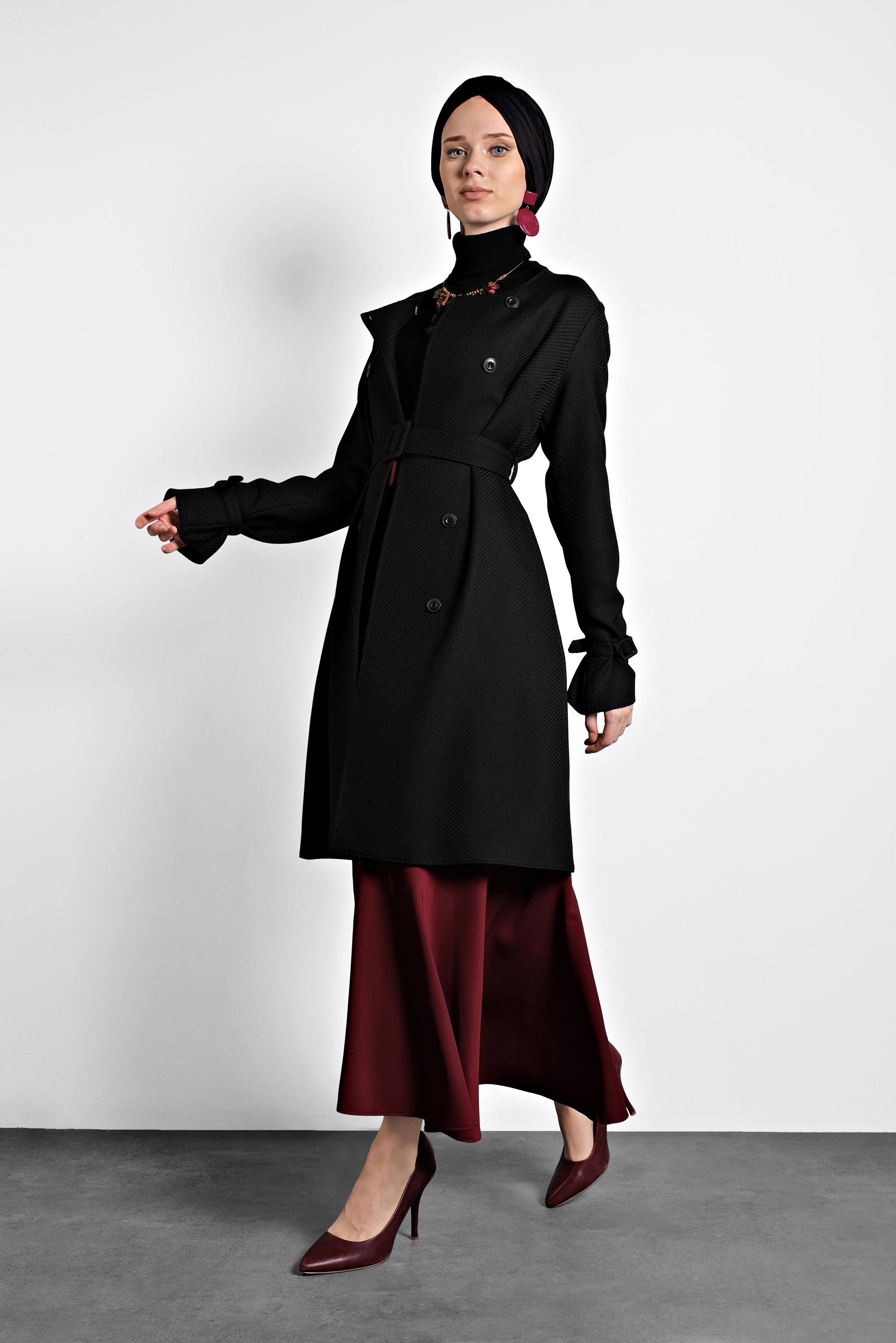 Tesettür giyim SİYAH KEMERLİ BİSİKLET YAKA CEKET 40265 