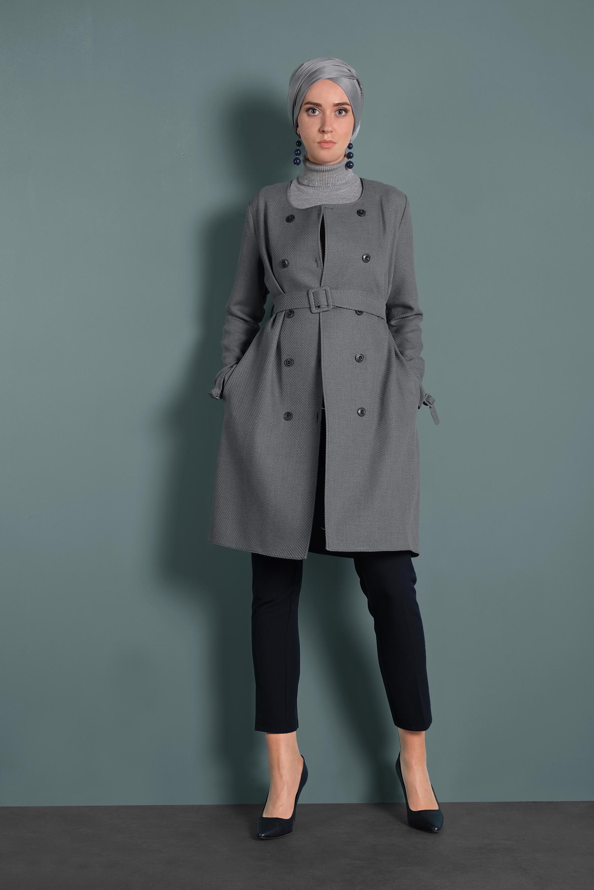 Tesettür giyim GRİ KEMERLİ BİSİKLET YAKA CEKET 40265 