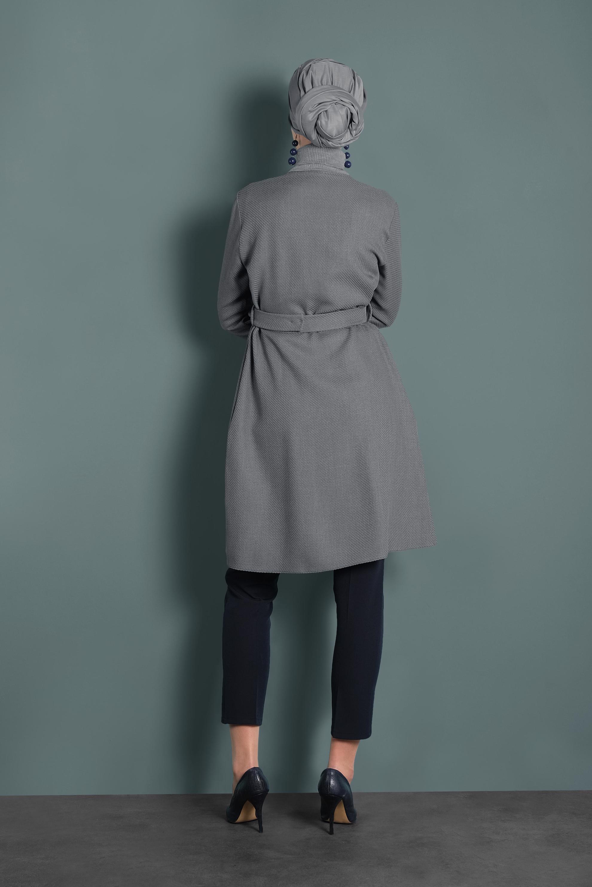 Tesettür giyim GRİ KEMERLİ BİSİKLET YAKA CEKET 40265 