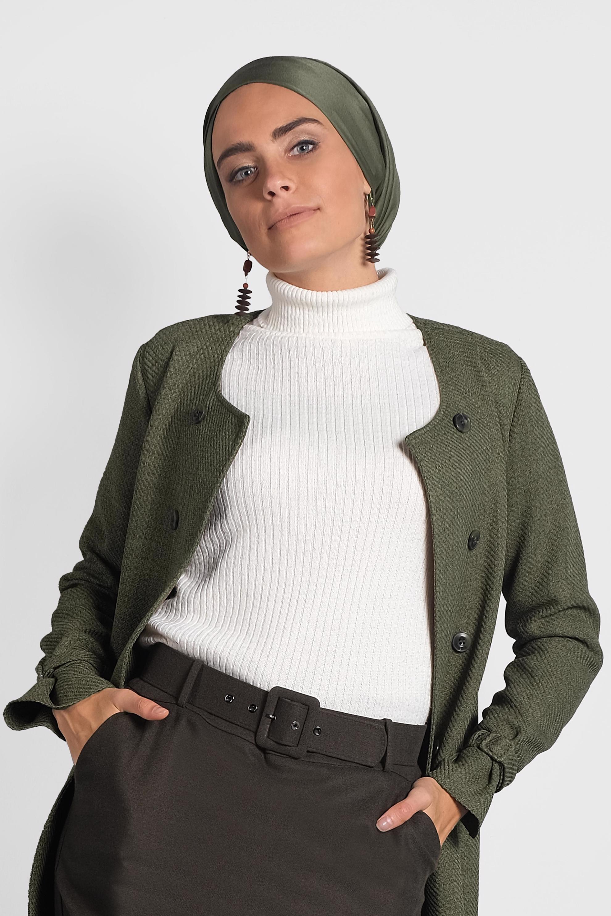 Tesettür giyim HAKİ KEMERLİ BİSİKLET YAKA CEKET 40265 