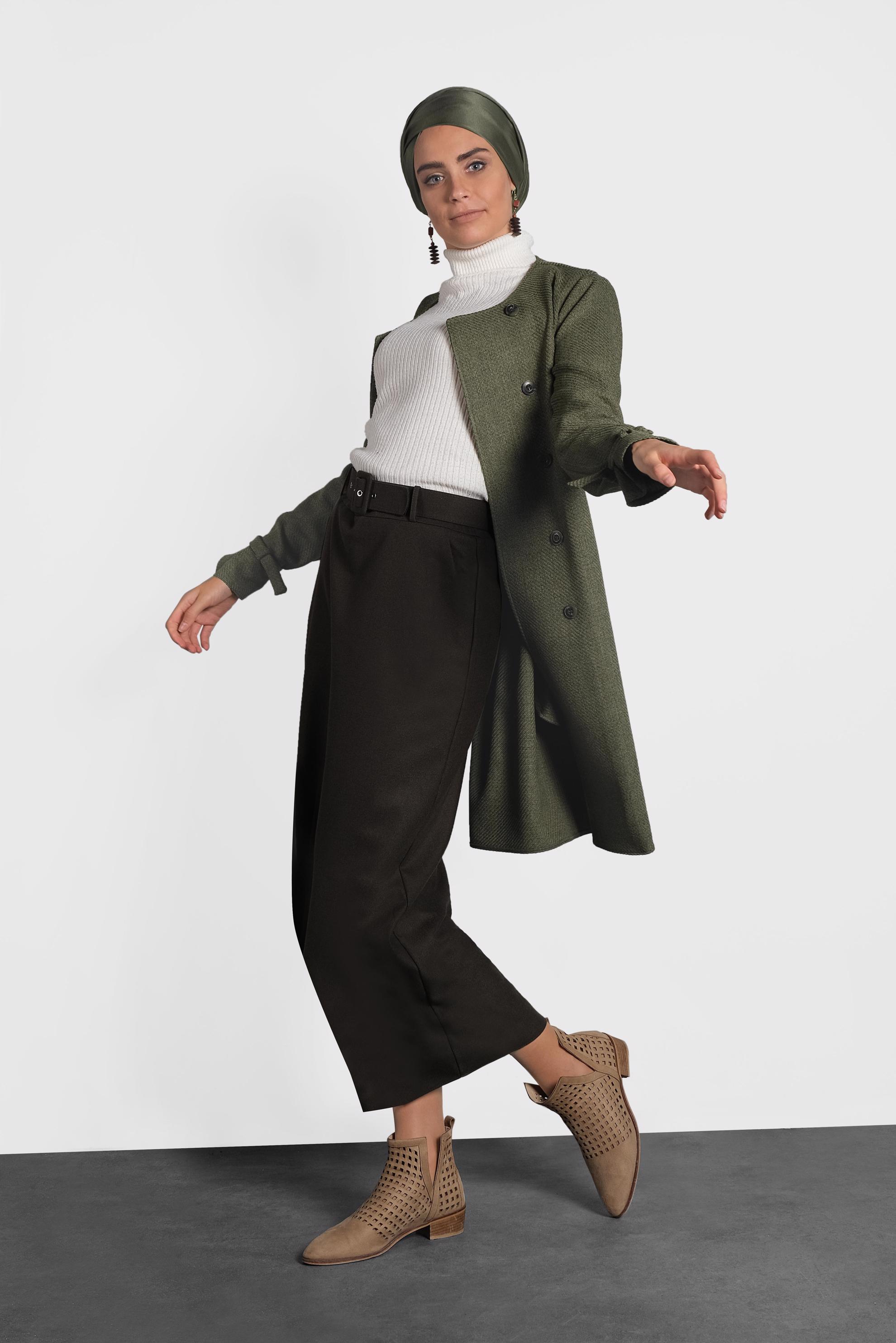 Tesettür giyim HAKİ KEMERLİ BİSİKLET YAKA CEKET 40265 